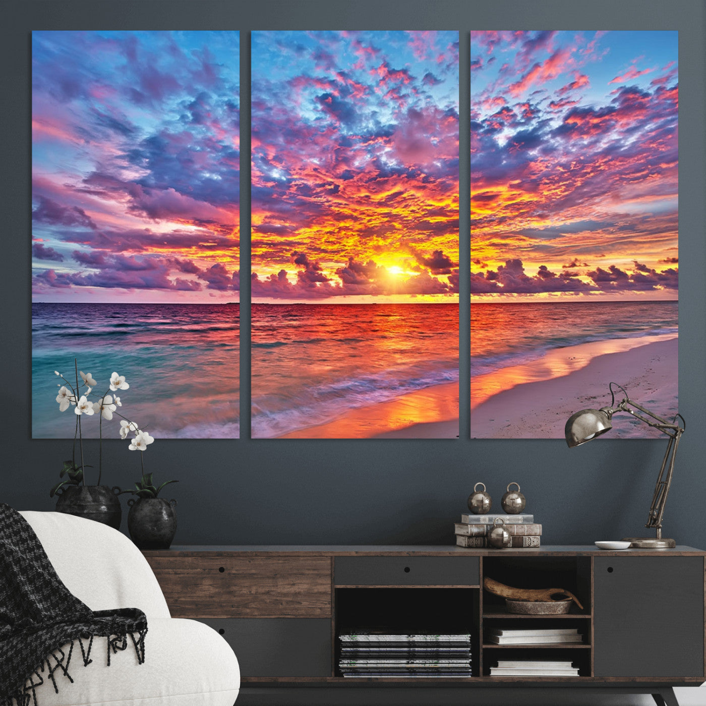 72836-MGV-CV-36X24-Fiery Sunset Beach Wall Art – Panoramic Vibrant Ocean Canvas Print, Dramatic Coastal Decor for Living Room, Bedroom or Office