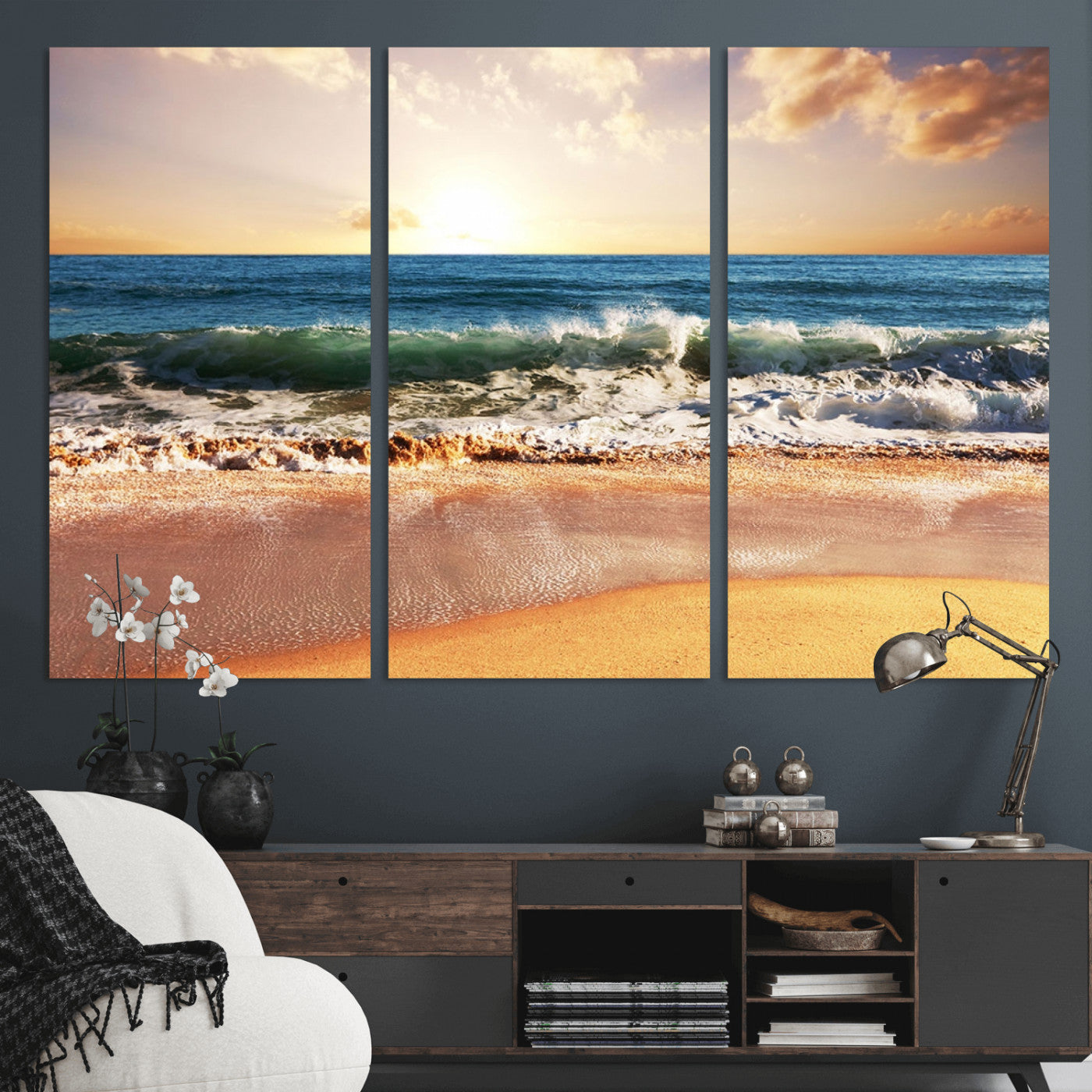 79005-MGV-CV-36X24-Golden Sunrise Ocean Waves Wall Art – Panoramic Seashore Canvas Print, Calming Coastal Decor for Home, Office or Relaxation Space