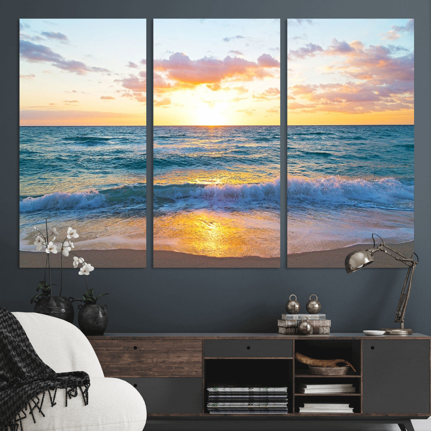 78006-MGV-CV-36X24-Golden Sunrise Ocean Wall Art – Panoramic Beach Waves Canvas Print, Coastal Seascape Artwork for Living Room, Bedroom, Office, or