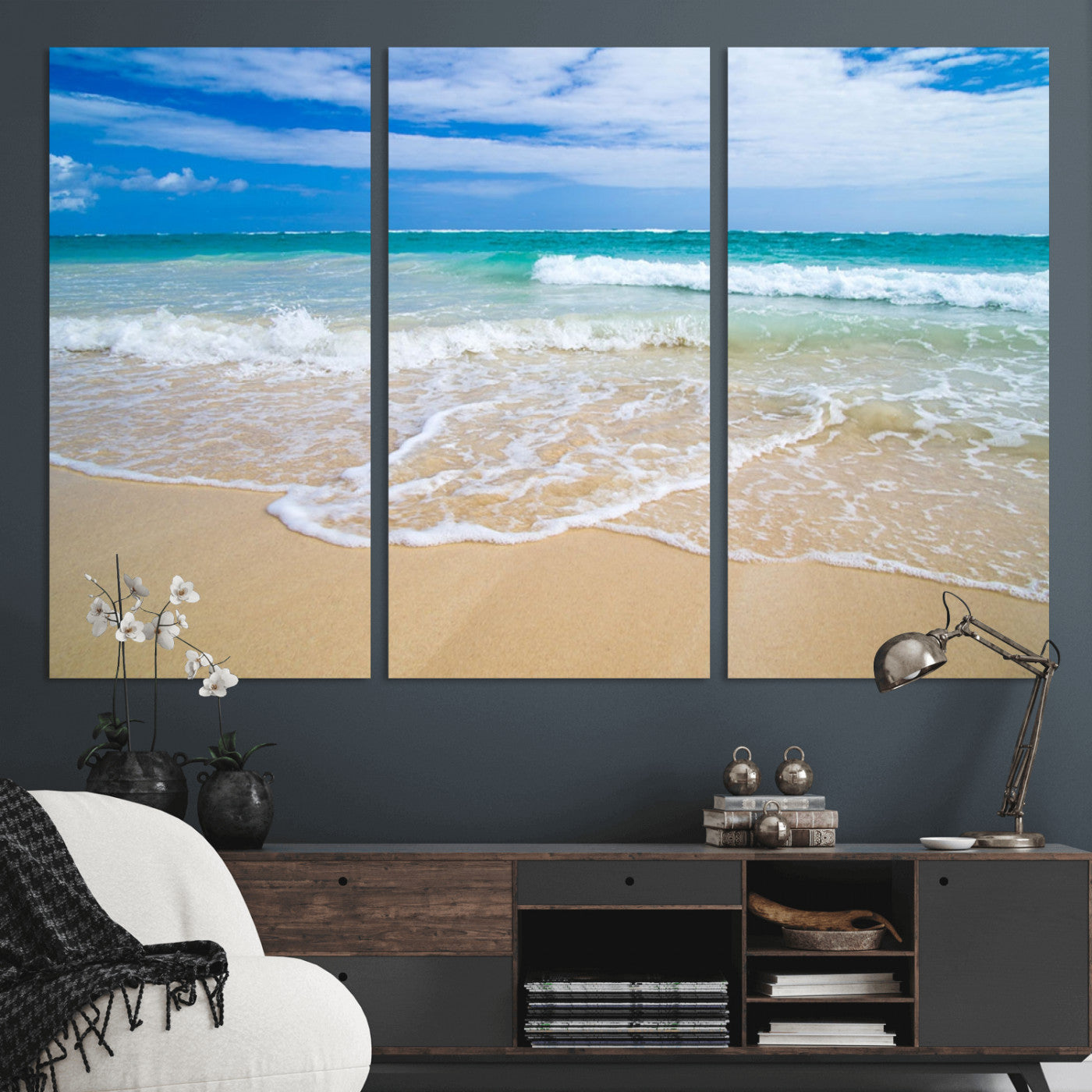 20660-MGV-CV-36X24-Ocean Wave Beach Wall Art – Serene Blue Sea and Sandy Shore Canvas Print, Coastal Landscape Photography Decor for Living Room or