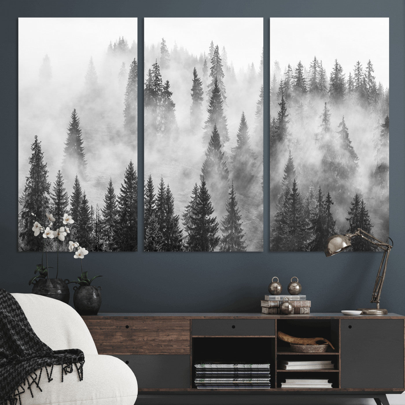 10422-MGV-CV-36X24-Misty Pine Forest Wall Art – Black and White Foggy Landscape Canvas Print, Serene Nature Woodland Decor for Bedroom, Office or