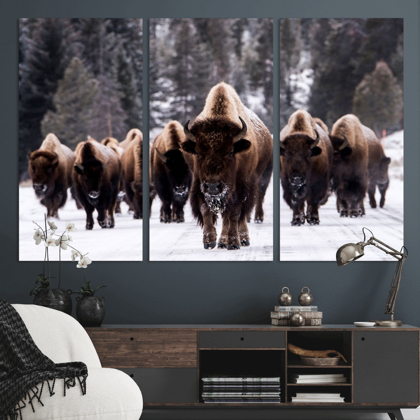 66871-MGV-CV-36X24-Bison Herd Wall Art – Wildlife Buffalo Canvas Print, Rustic Western Nature Photography Decor for Living Room, Office, Cabin, or