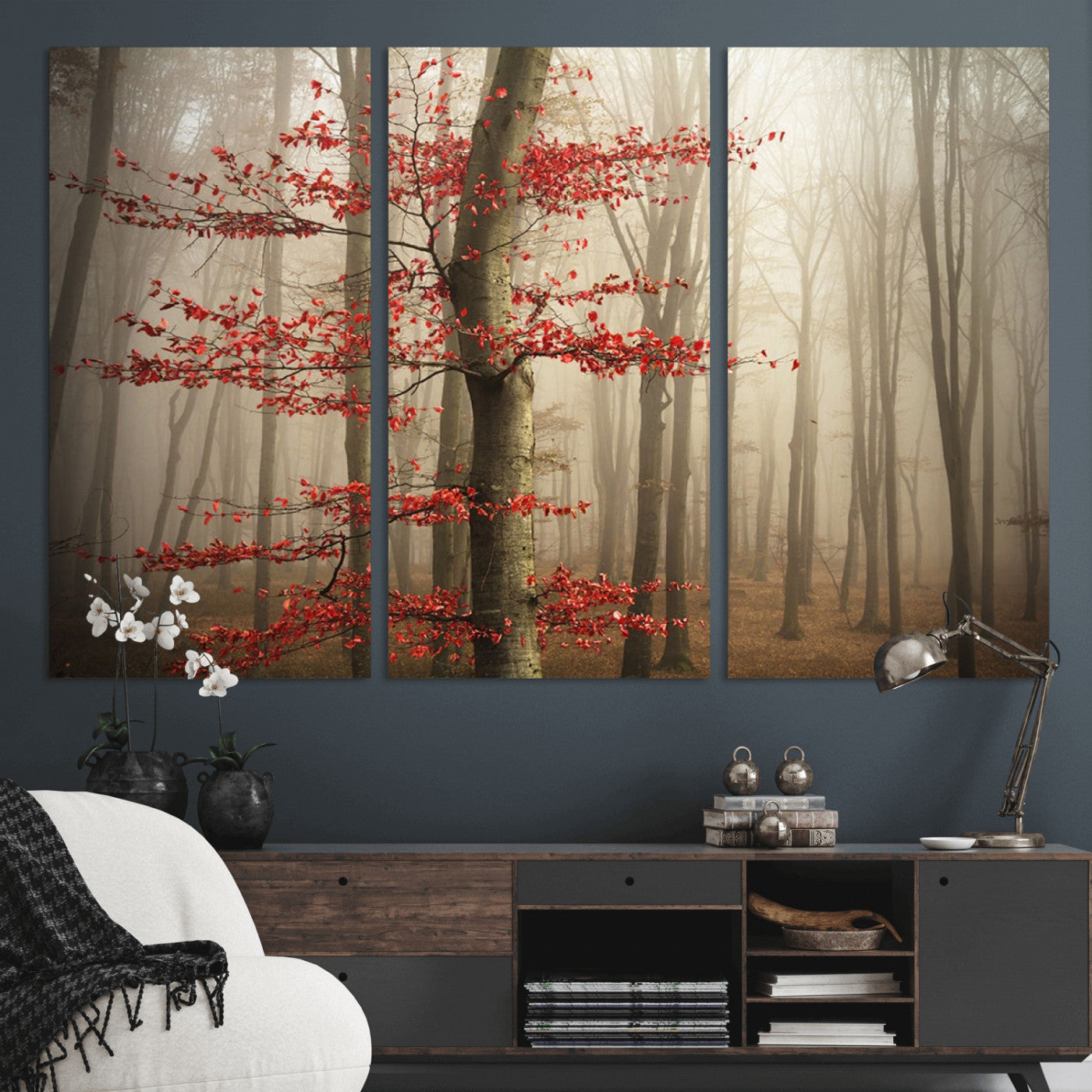 61855-MGV-CV-36X24-Misty Forest Wall Art – Red Tree with Autumn Leaves Canvas Print, Moody Woodland Nature Decor for Living Room, Bedroom, or Office