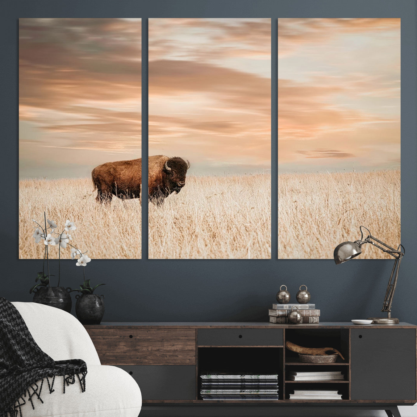 99699-MGV-CV-36X24-Bison in Prairie at Sunset – Wildlife Photography Print, American Buffalo Wall Art, Nature Landscape Canvas Decor for Office