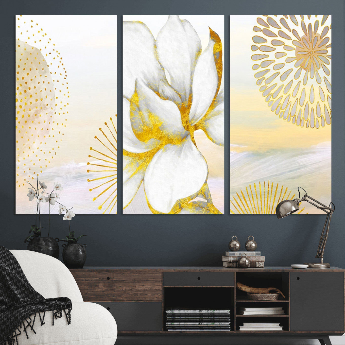 82301-MGV-CV-36X24-Modern Floral Wall Art – White Flower with Gold Detailing Canvas Print, Elegant Abstract Artwork for Living Room, Bedroom, or