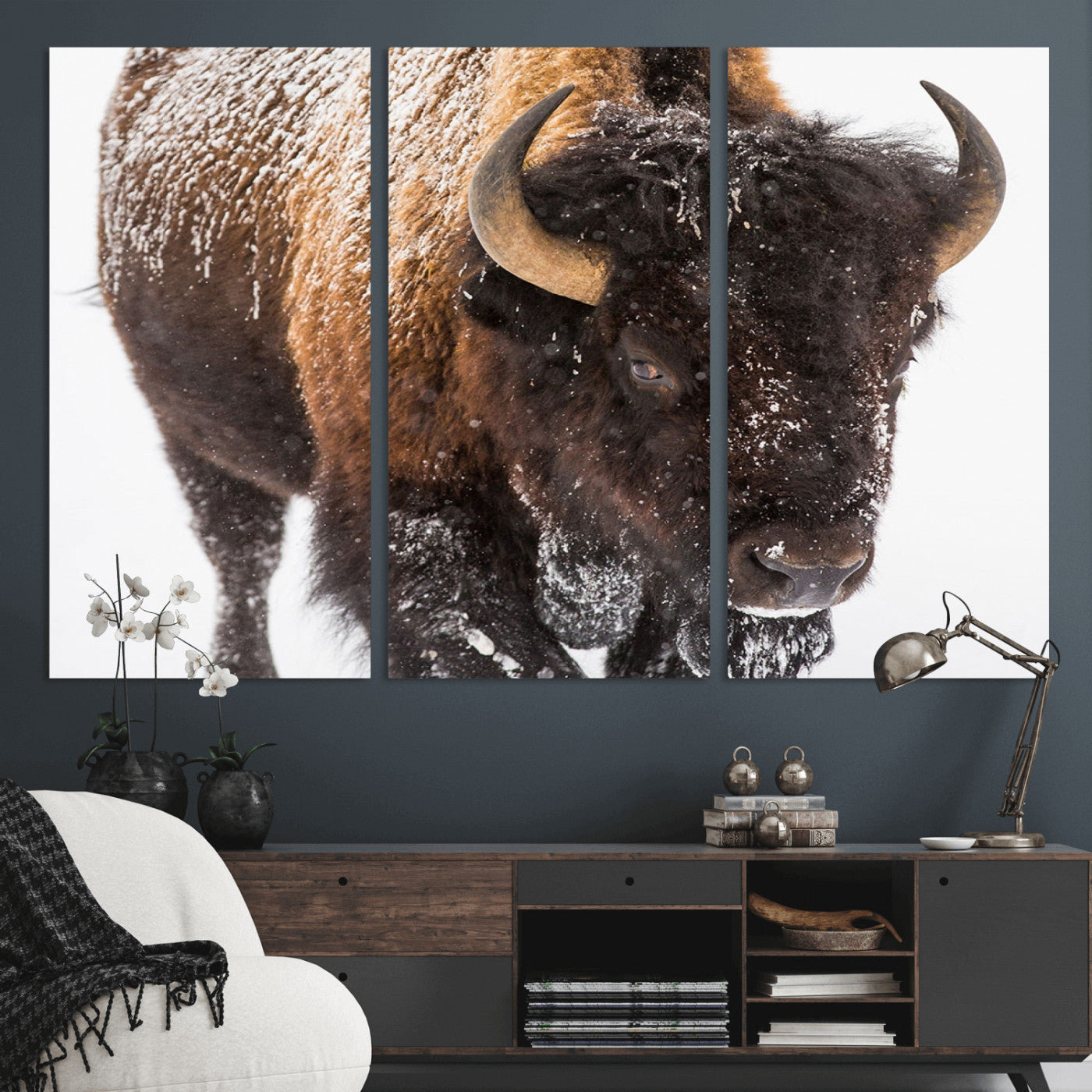 65605-MGV-CV-36X24-Snow Bison Wall Art – Close Up Buffalo Canvas Print, Rustic Western Wildlife Photography, Farmhouse Cabin Lodge Decor for Living