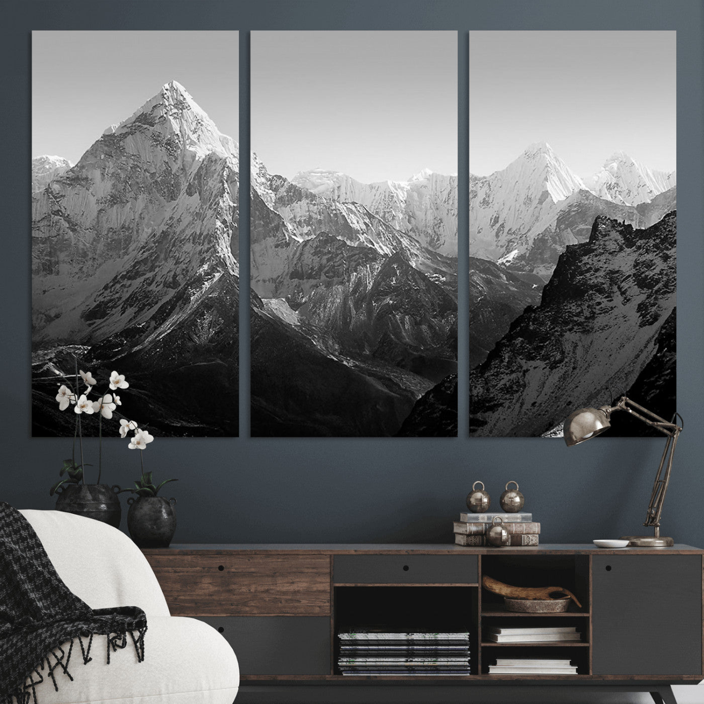 10775-MGV-CV-36X24-Snow Capped Mountain Wall Art – Black and White Canvas Print of Majestic Peaks, Nature Landscape Photography for Office, Bedroom,