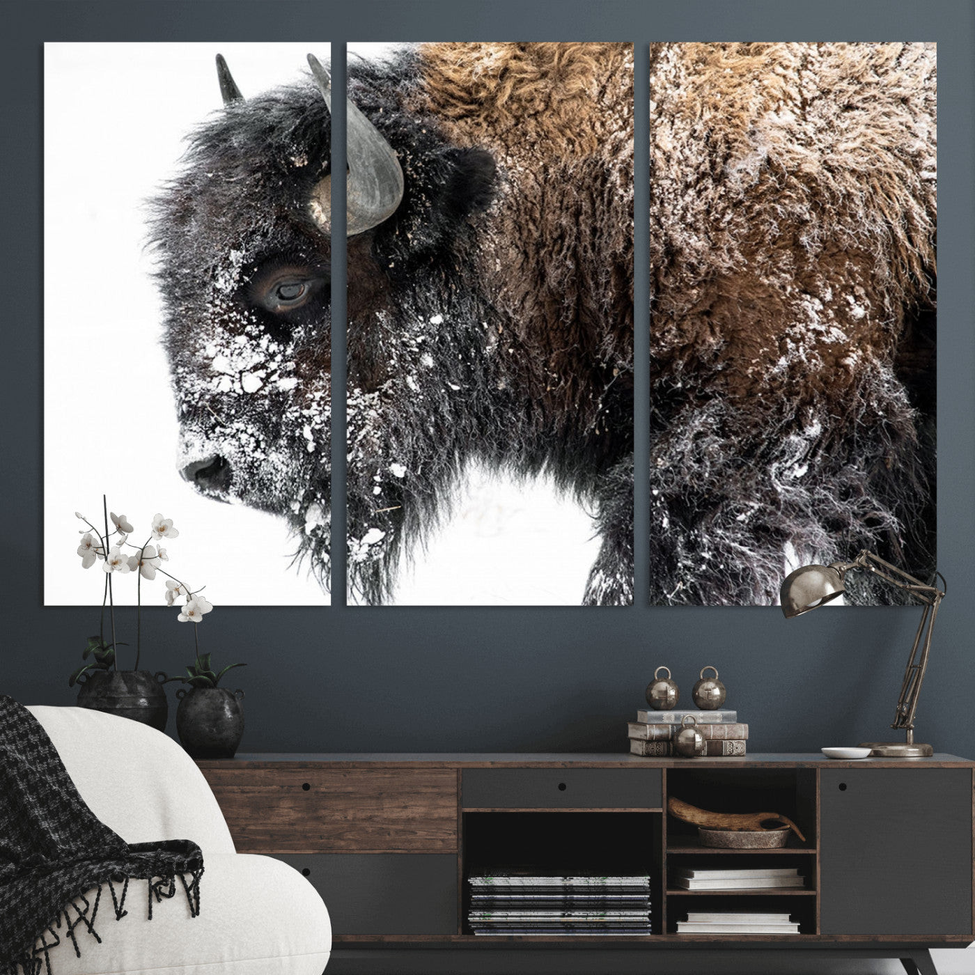 24304-MGV-CV-36X24-Bison Wall Art Canvas Print, Framed Winter Bison Art Picture Print, Snowy Buffalo Perfect Rustic Farmhouse Decor Artwork