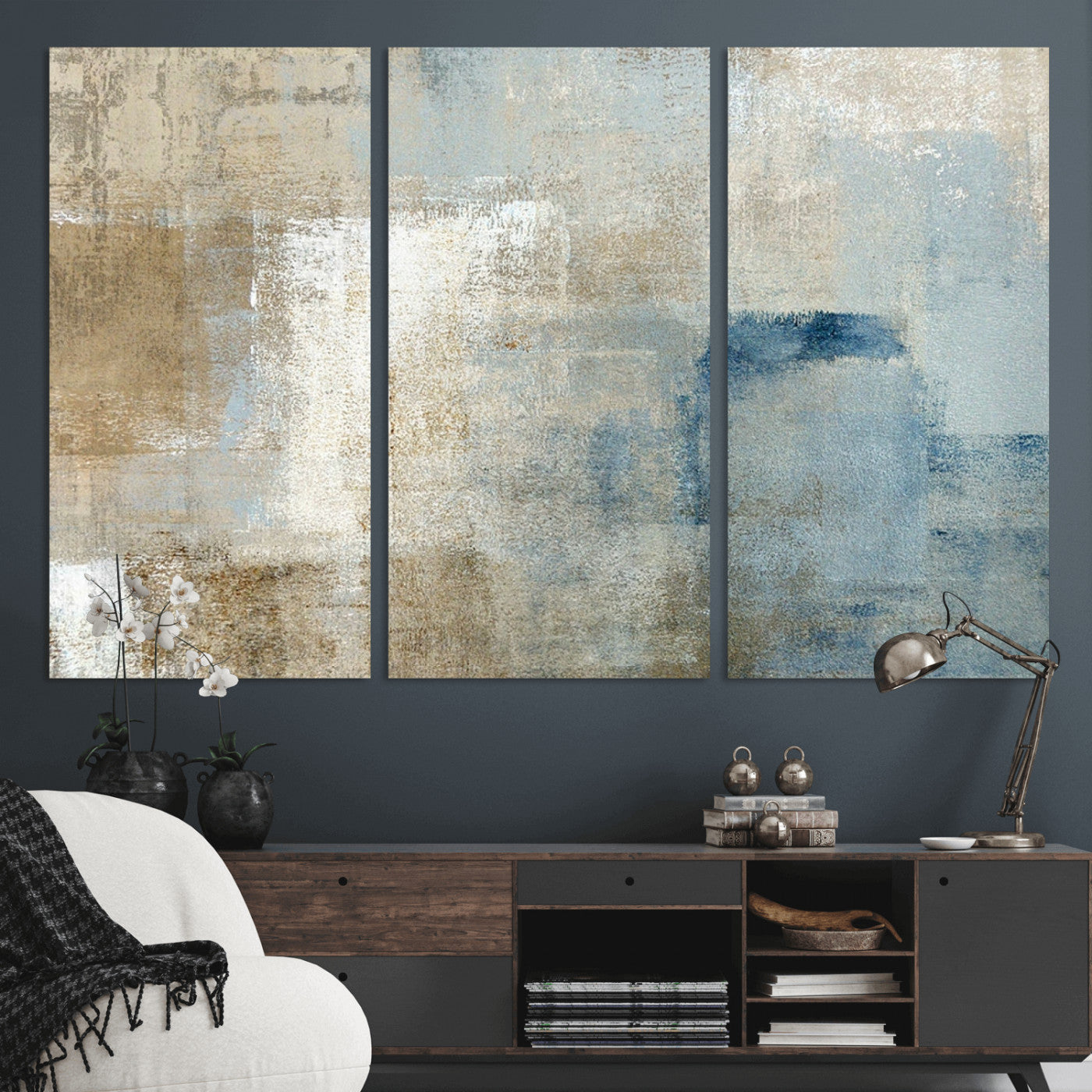 38126-MGV-CV-36X24-Neutral Abstract Wall Art – Modern Beige and Blue Canvas Print and Minimalist Textured Painting for Living Room, Bedroom or Office