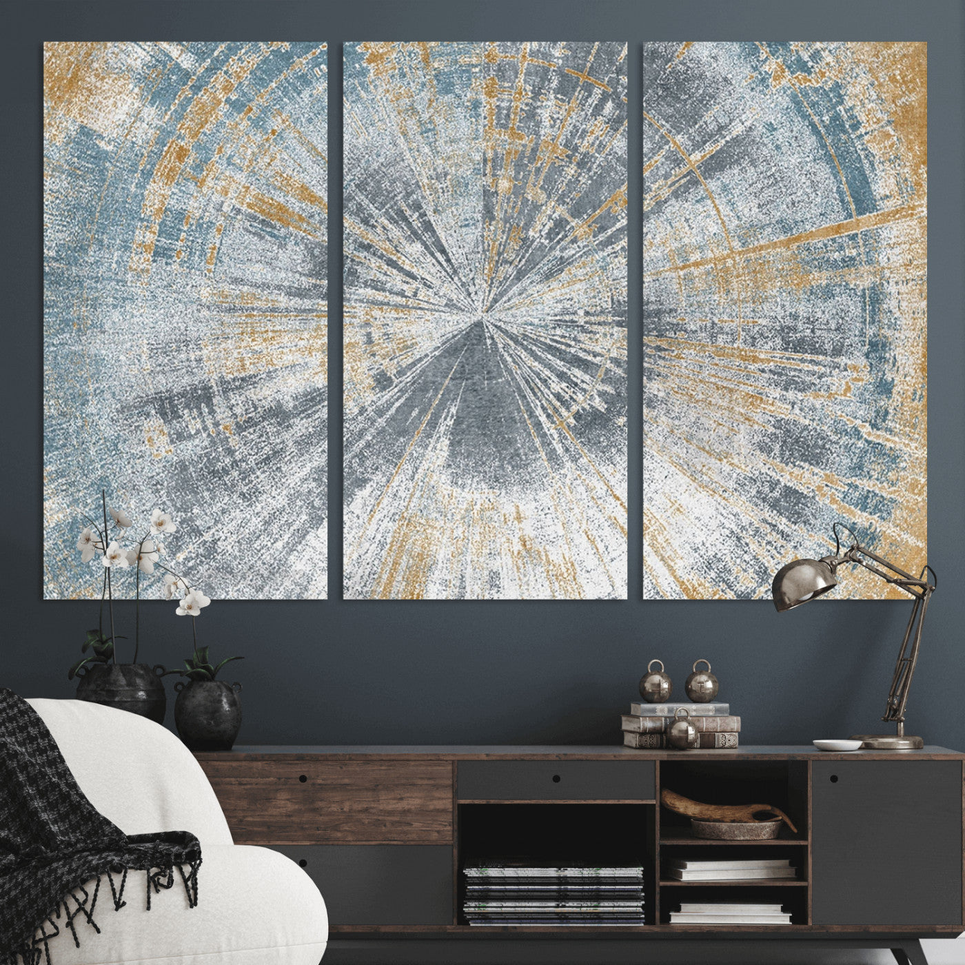 17631-MGV-CV-36X24-Radiant Burst Wall Art – Abstract Sunburst Canvas Print in Blue and Gold, Modern Geometric Painting for Living Room, Office or