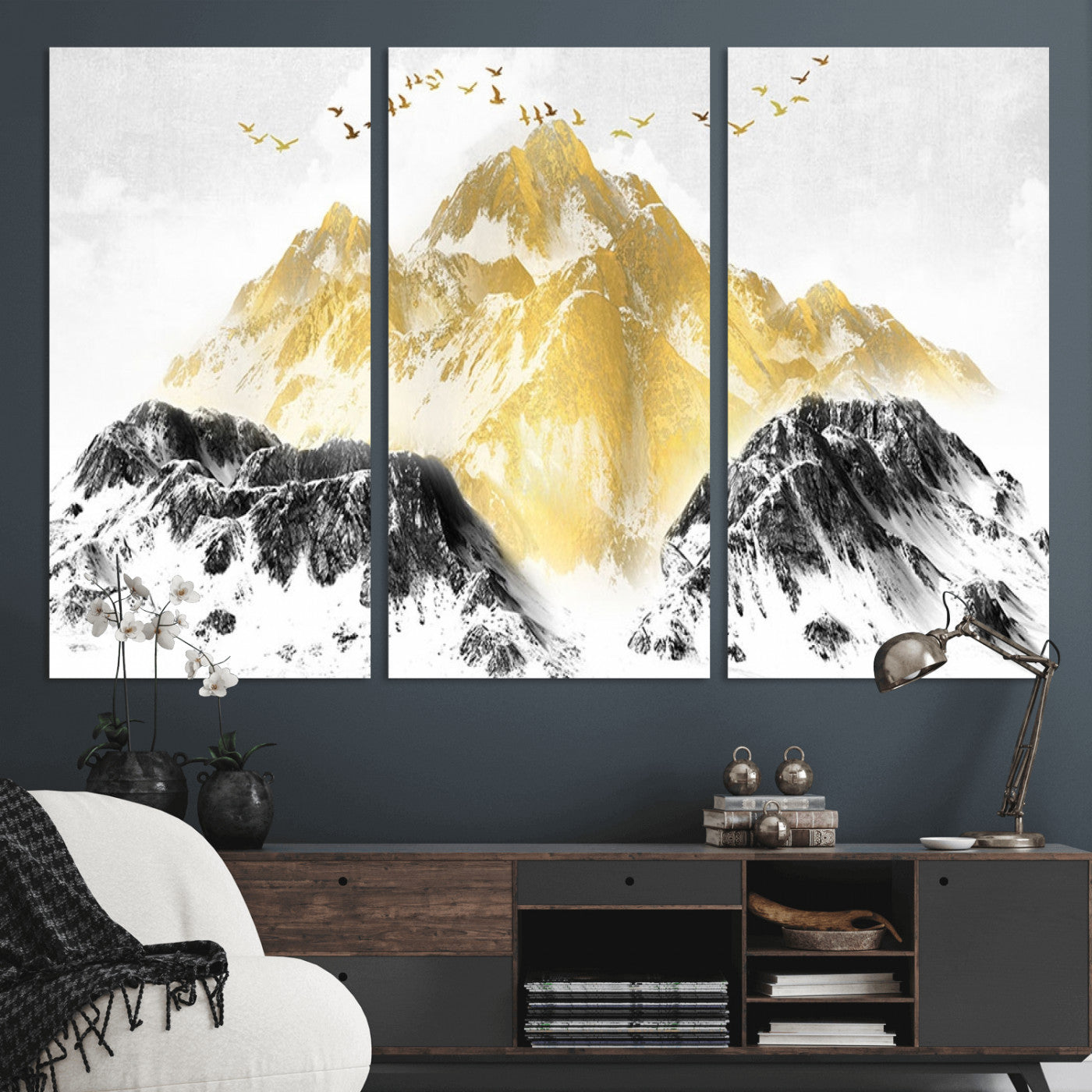 37733-MGV-CV-36X24-Golden Mountain Wall Art – Modern Abstract Landscape Canvas Print with Birds, Luxury Nature Decor for Living Room, Bedroom, or