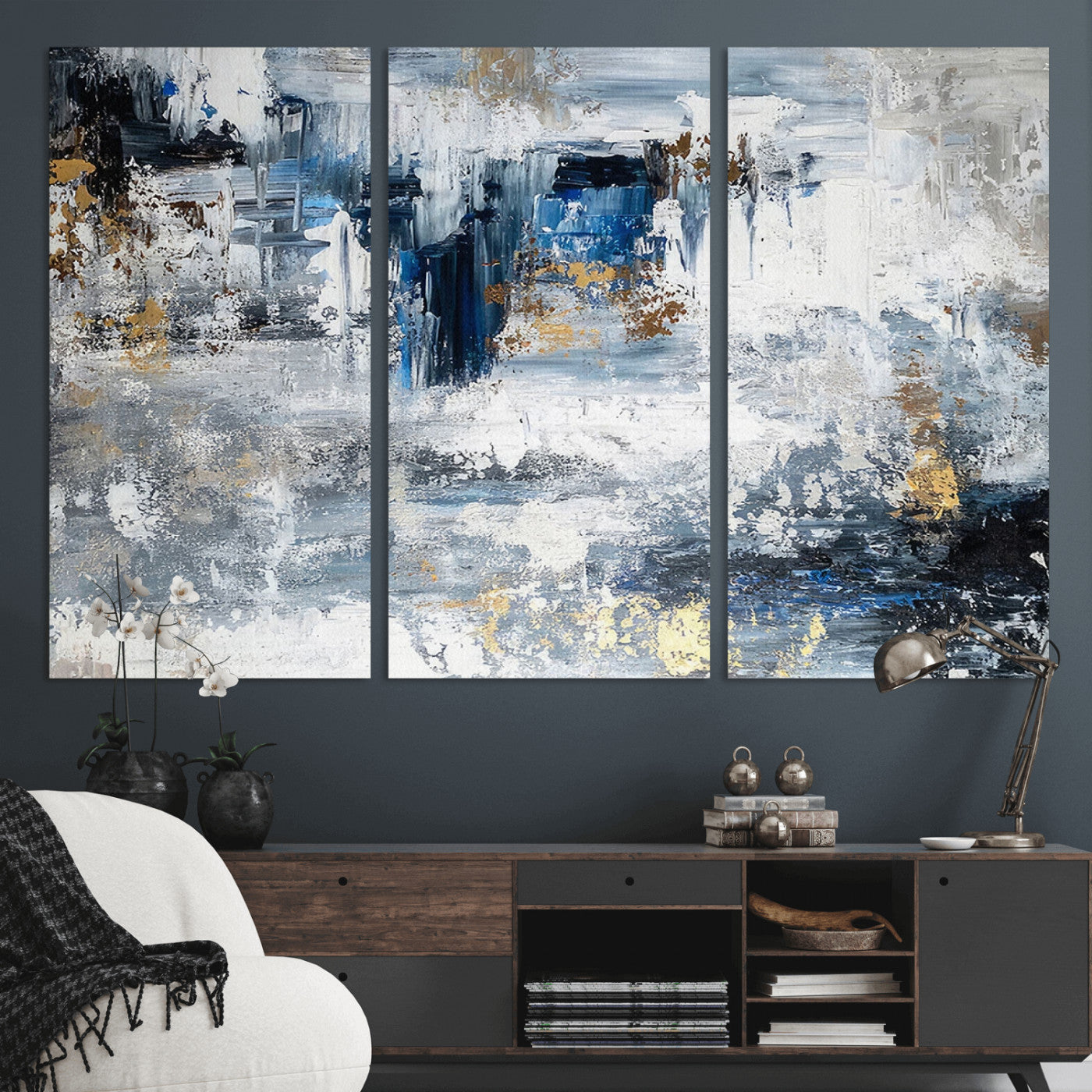 59716-MGV-CV-36X24-Abstract Blue and Gold Wall Art – Modern Textured Canvas Print, Contemporary Painting for Living Room, Bedroom, or Office Decor