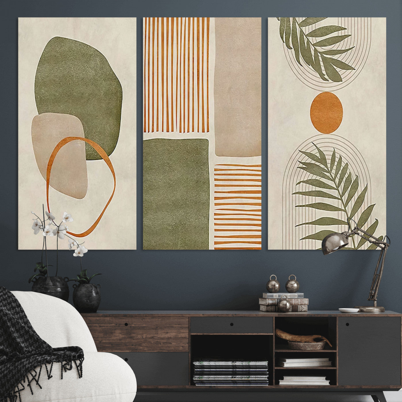 96002-MGV-CV-36X24-Abstract Geometric Wall Art – Modern Canvas Print with Green, Orange & Beige Shapes, Minimalist Home Decor for Living Room, Office