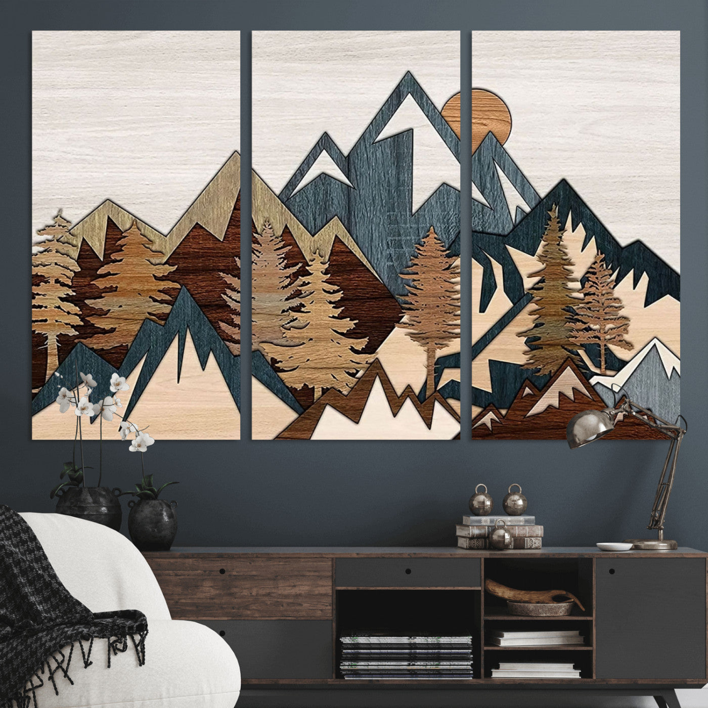 67950-MGV-CV-36X24-Modern Wood Wall Art Canvas Print, Framed Mountain Range Art Picture Print, Wood Mountain Range Perfect Rustic Decor Artwork