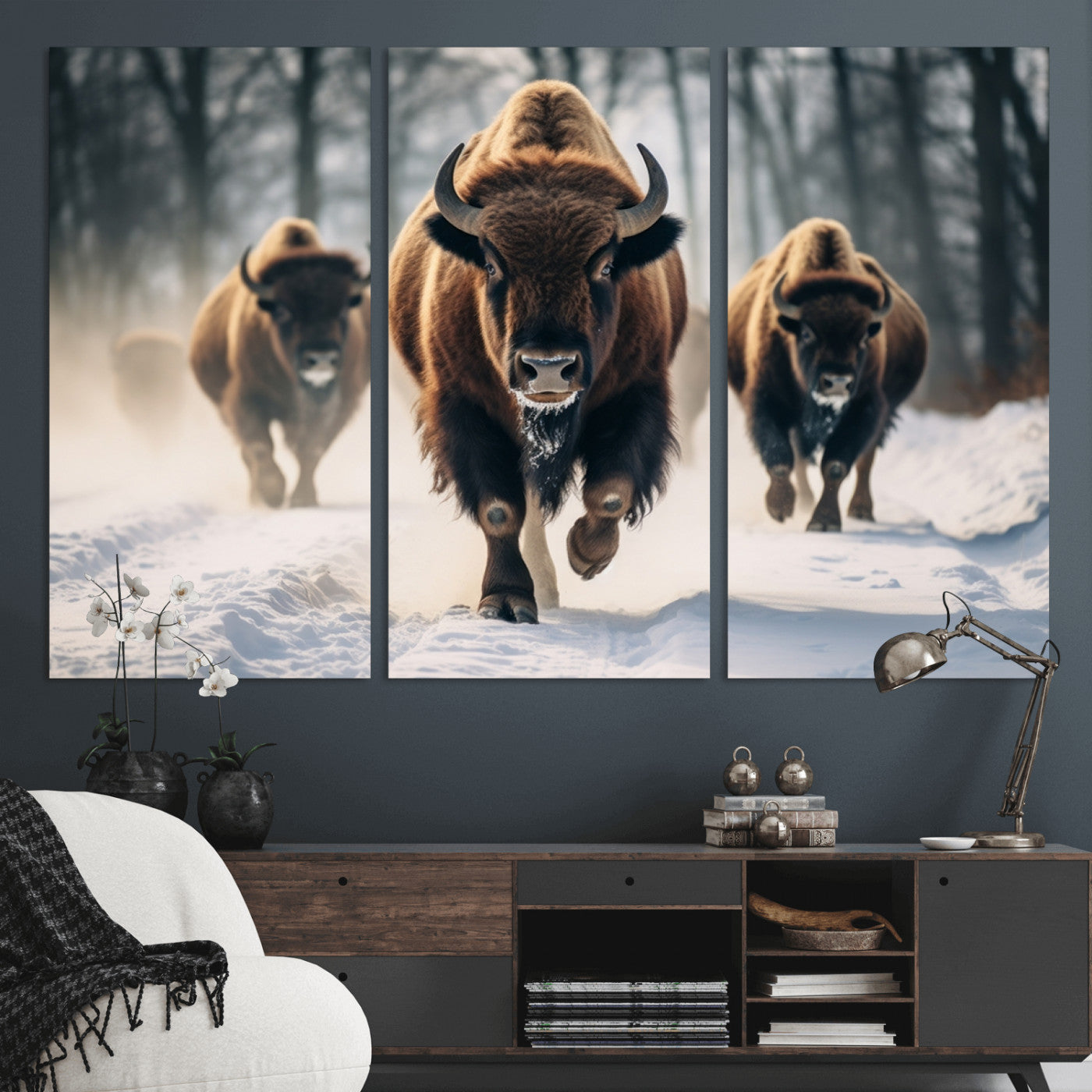 56549-MGV-CV-36X24-Wild Bison Wall Art – Majestic Buffalo Herd Running in Snow Canvas Print, Rustic Wildlife Photography Decor for Cabin, Lodge, or