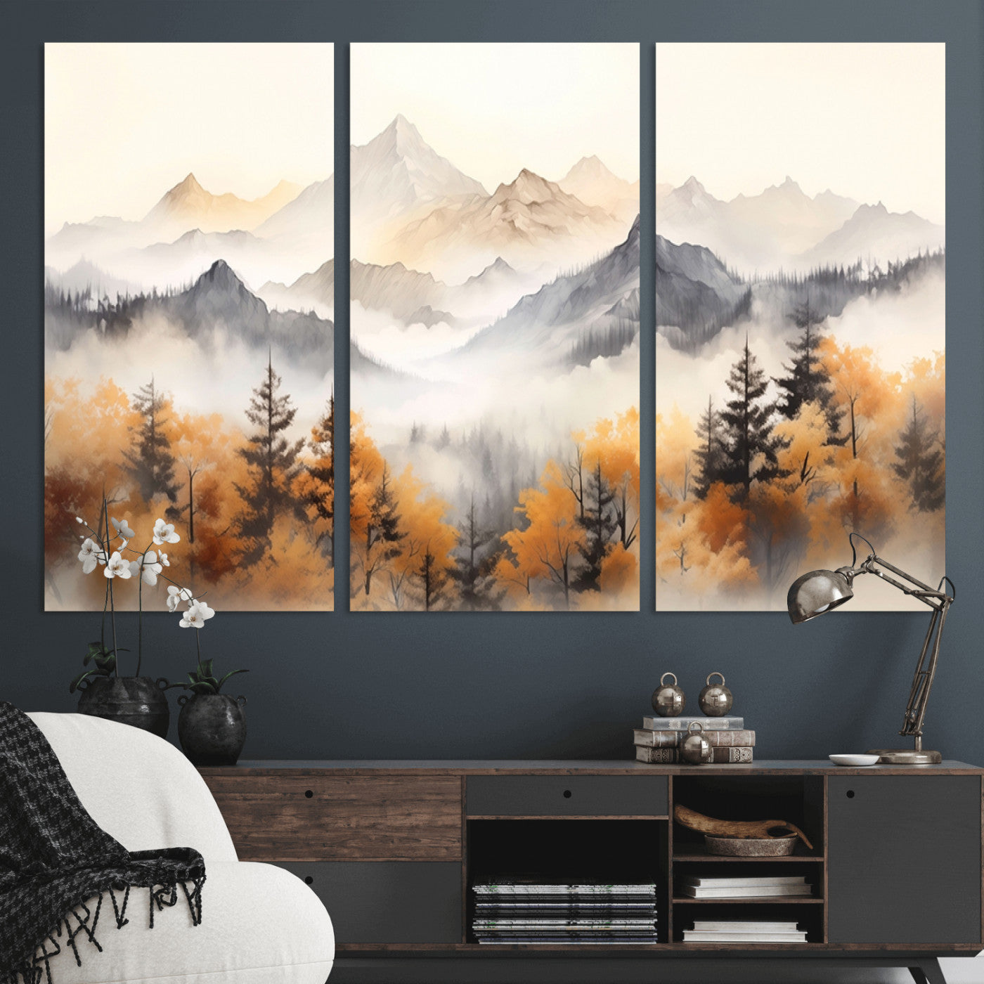 70049-MGV-CV-36X24-Autumn Mountain Forest Wall Art – Misty Landscape Canvas Print, Rustic Nature Inspired Decor for Living Room, Bedroom or Office