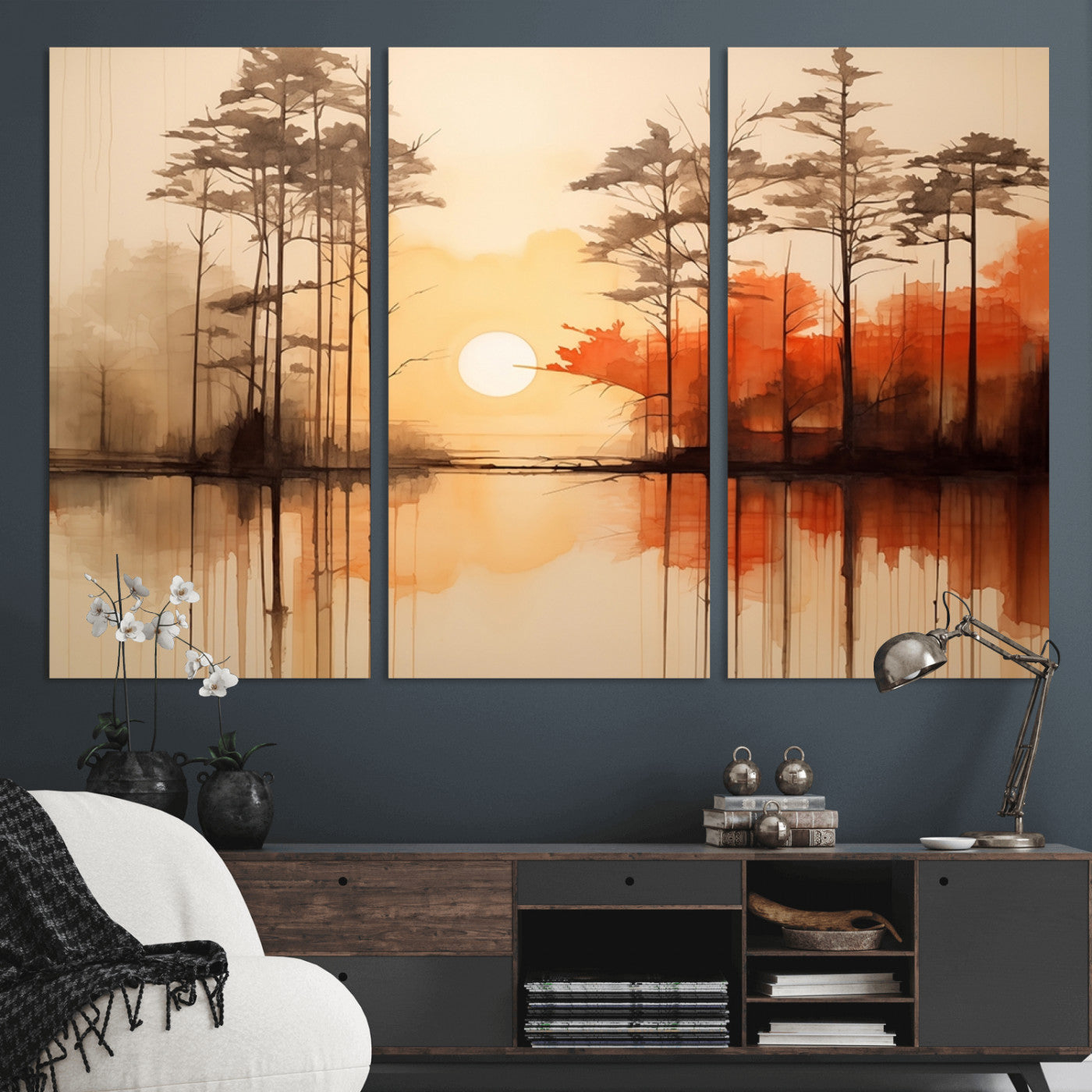 51083-MGV-CV-36X24-Sunset Lake Forest Wall Art – Serene Trees and Orange Sky Reflection Canvas Print, Tranquil Nature Decor for Living Room, Office