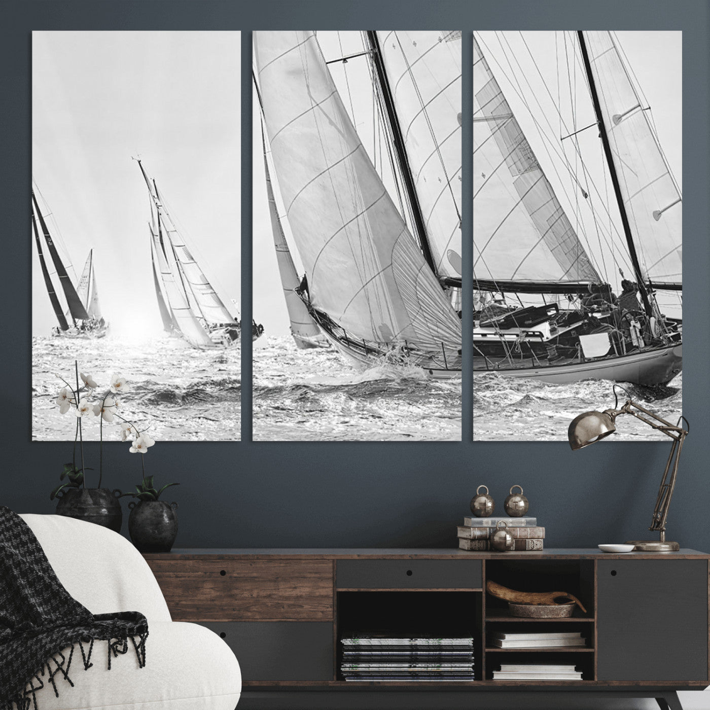 Boat-1-MGV-CV-36X24-Sailboat Racing Wall Art – Nautical Black and White Canvas Print, Ocean Adventure Decor for Office, Living Room or Bedroom