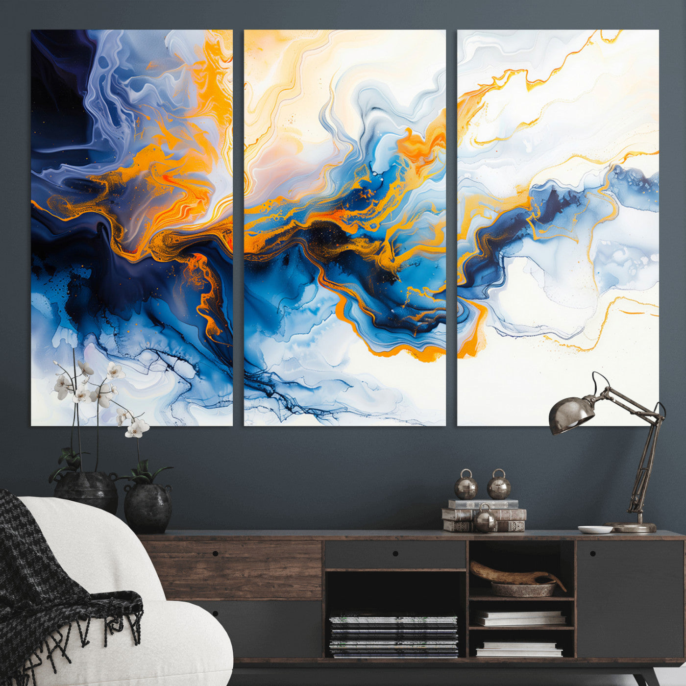 83720-MGV-CV-36X24-Abstract Fluid Wall Art – Blue, White and Gold Swirl Canvas Painting, Modern Contemporary Artwork for Living Room, Bedroom or