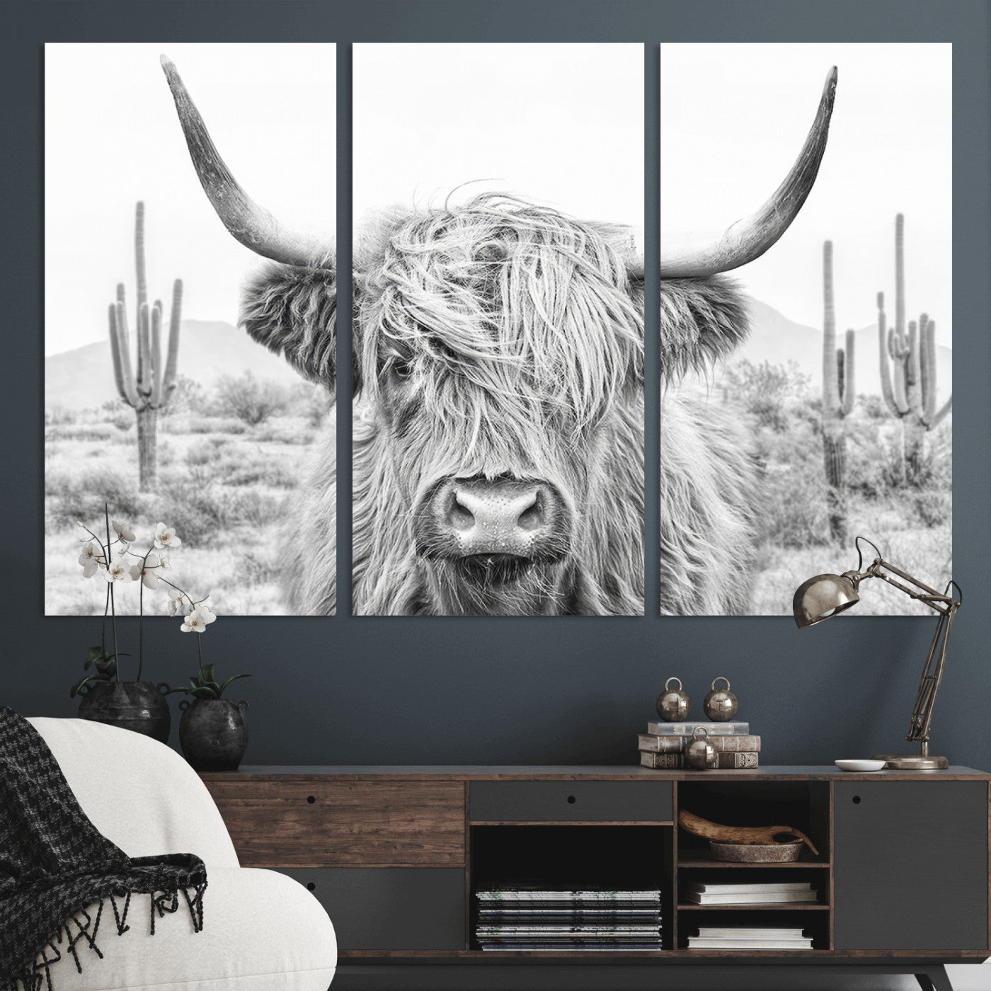 94579-MGV-CV-48X32-3P-Highland Cow Wall Art – Black and White Longhorn Canvas Print, Rustic Western Farmhouse Animal Photography for Living Room,