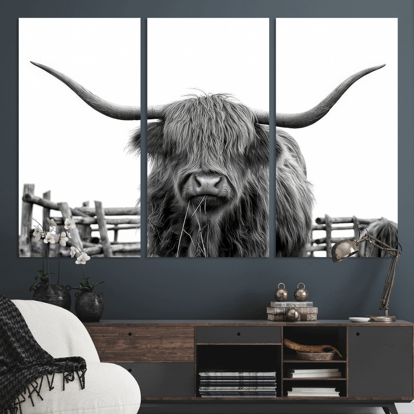 58188-MGV-CV-36X24-Highland Cow Wall Art – Black and White Rustic Farmhouse Canvas Print, Longhorn Cattle Photography Decor for Living Room or