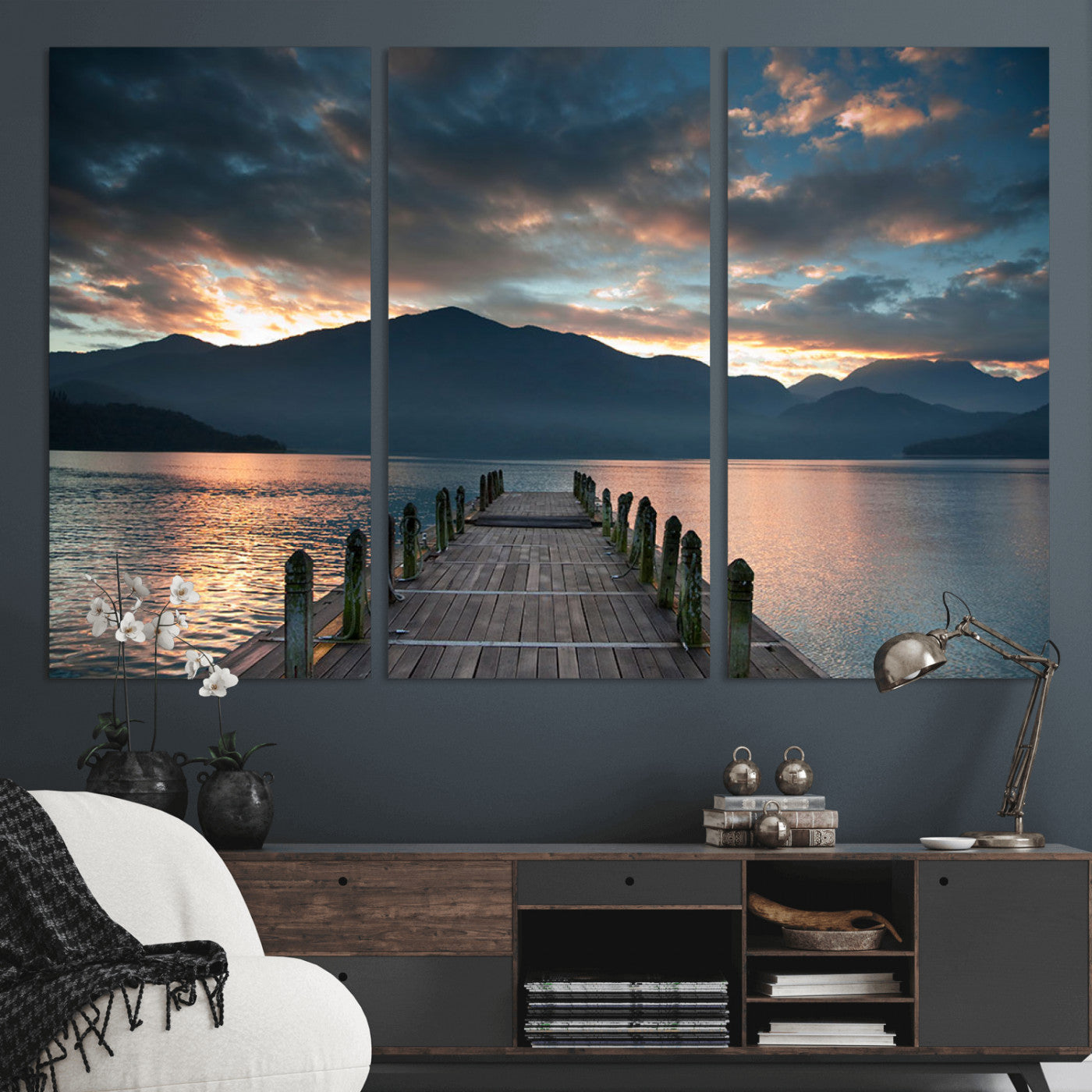 20442-MGV-CV-36X24-Lakeside Sunset Dock Wall Art – Peaceful Mountain Lake Canvas Print, Serene Nature Landscape Decor for Living Room, Bedroom or