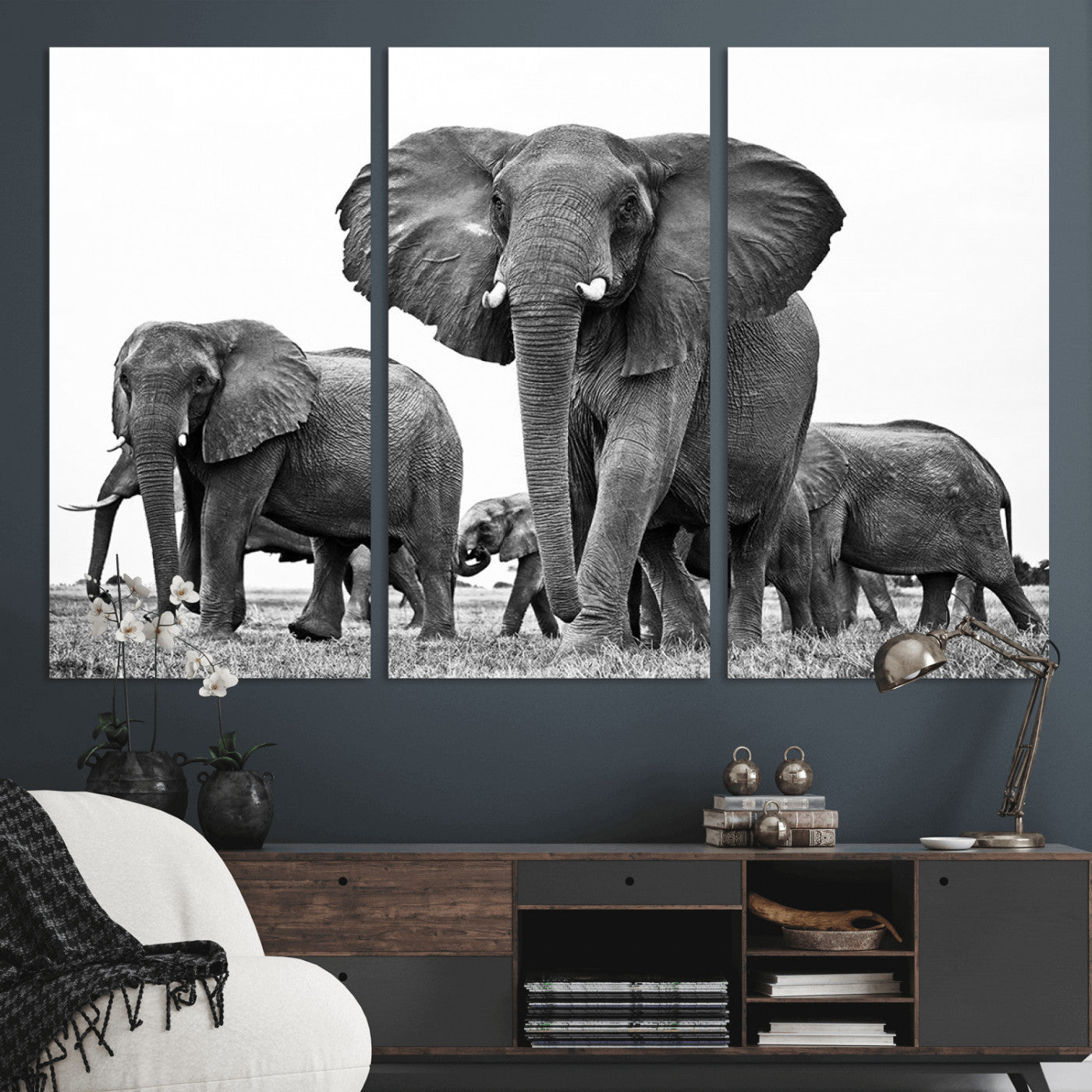 91685-MGV-CV-36X24-Elephant Herd Wall Art – Black and White Safari Canvas Print, African Wildlife Photography Decor for Living Room, Office or