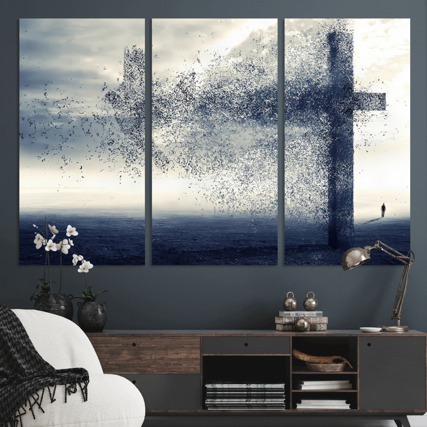 55718-MGV-CV-48X32-3P-Surreal Cross Wall Art – Spiritual Faith Canvas Print, Abstract Christian Artwork with Modern Religious Symbol for Living Room,