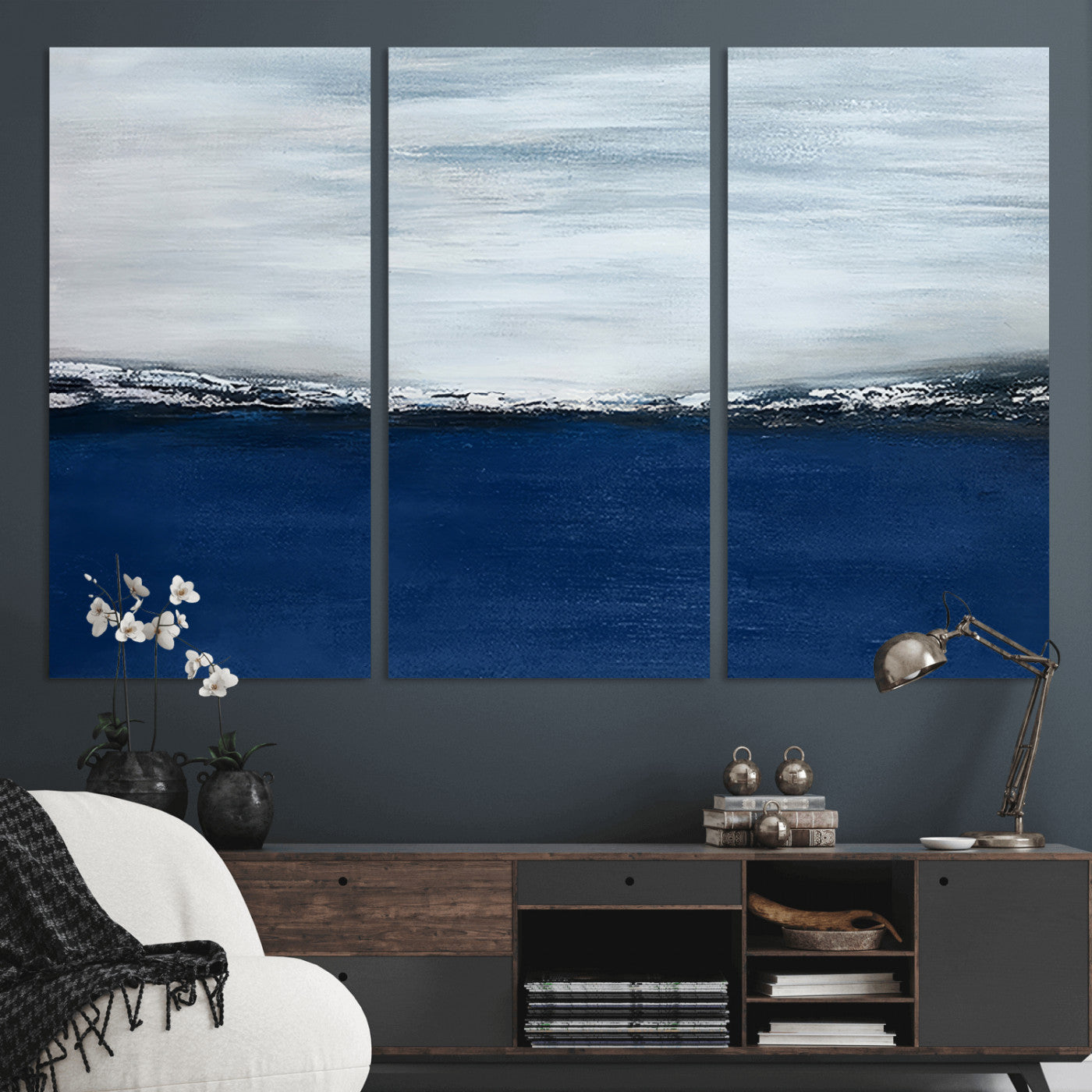 62197-MGV-CV-36X24-Abstract Ocean Wall Art – Minimalist Blue and White Canvas Print, Modern Coastal Seascape Painting for Bedroom, Living Room or