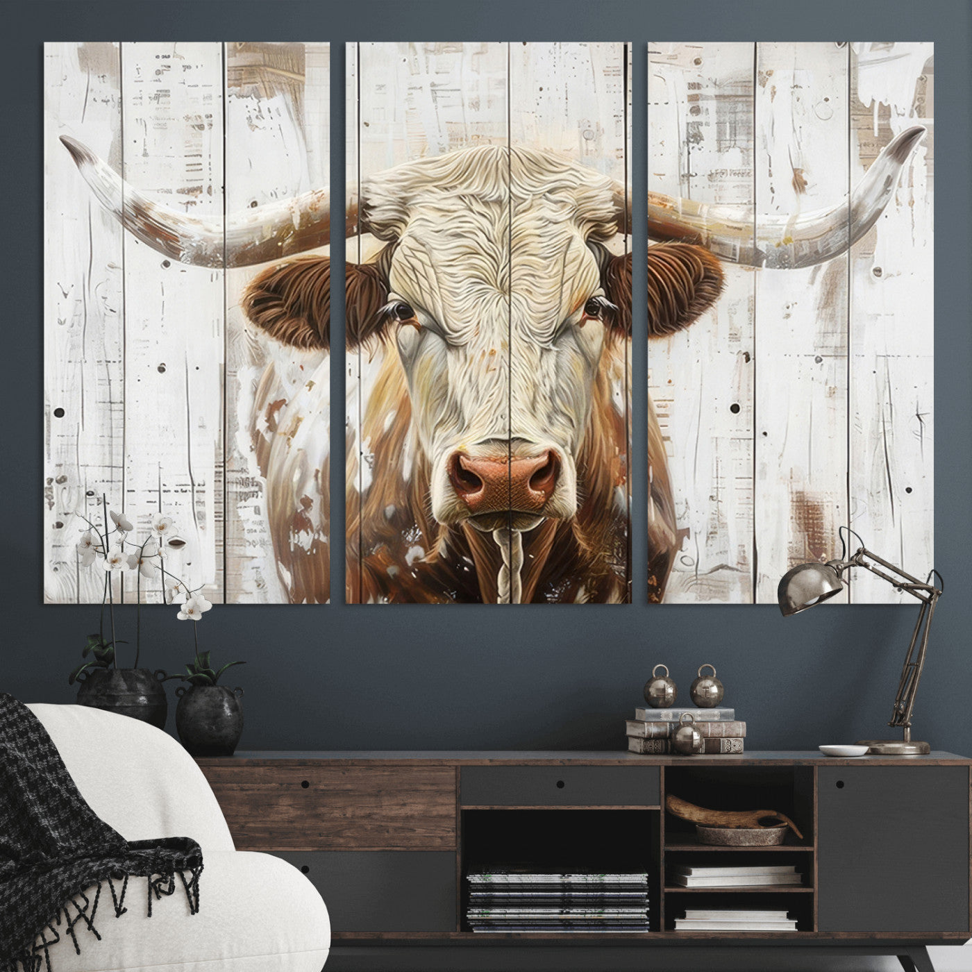 71551-MGV-CV-36X24-Longhorn Bull Wall Art – Rustic Western Cow Canvas Print, Farmhouse Animal Painting with Wood Plank Style for Living Room, Office