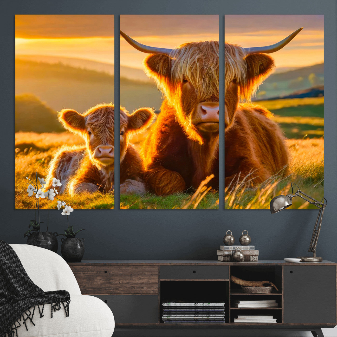 20567-MGV-CV-36X24-Highland Cow and Calf Wall Art – Rustic Farmhouse Sunset Cattle Canvas Print, Country Animal Artwork for Living Room, Bedroom, or