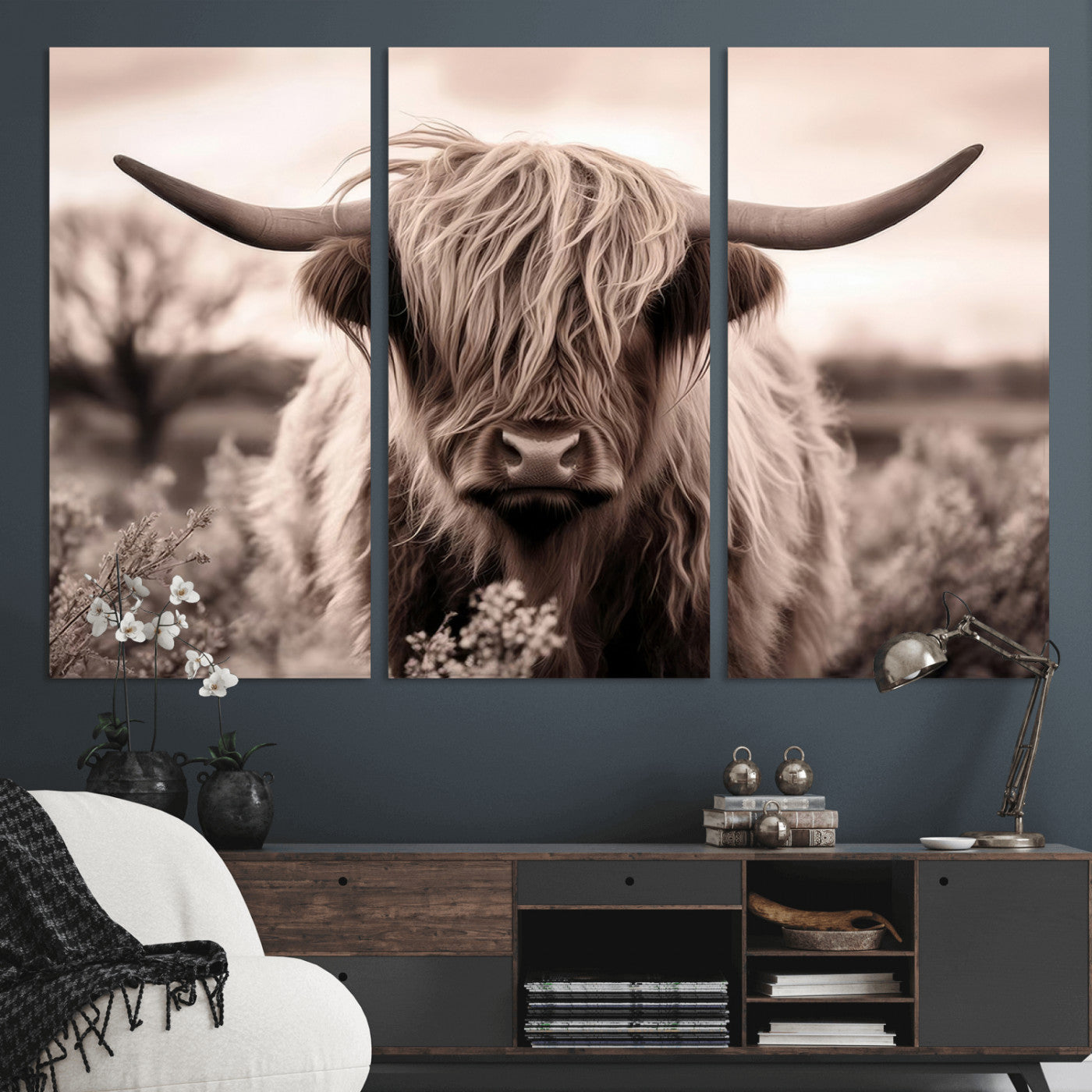 55903-MGV-CV-36X24-Highland Cow Wall Art – Rustic Sepia Scottish Highland Bull Canvas Print, Farmhouse Country Animal Decor for Living Room, Bedroom