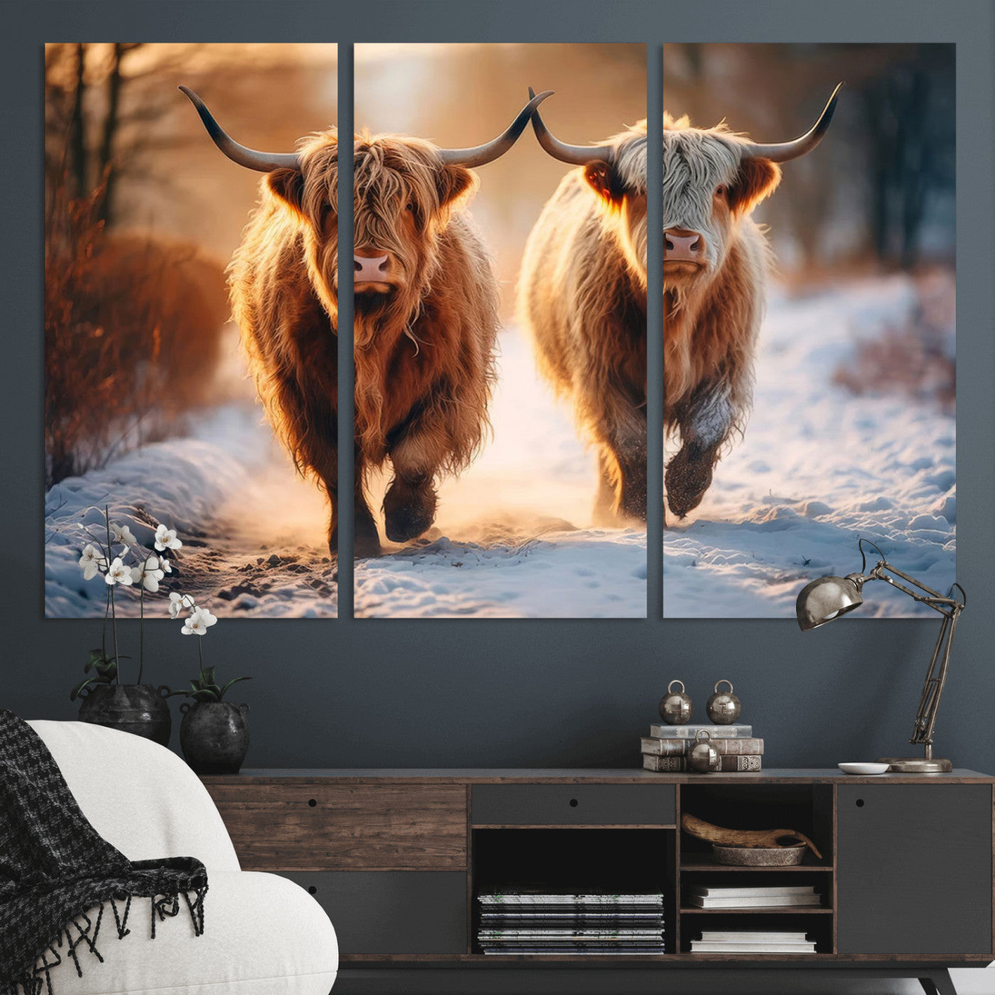 50490-MGV-CV-36X24-Highland Cow Wall Art – Rustic Panoramic Canvas Print Two Cattle Snowy Landscape, Farmhouse Country Decor for Living Room Office