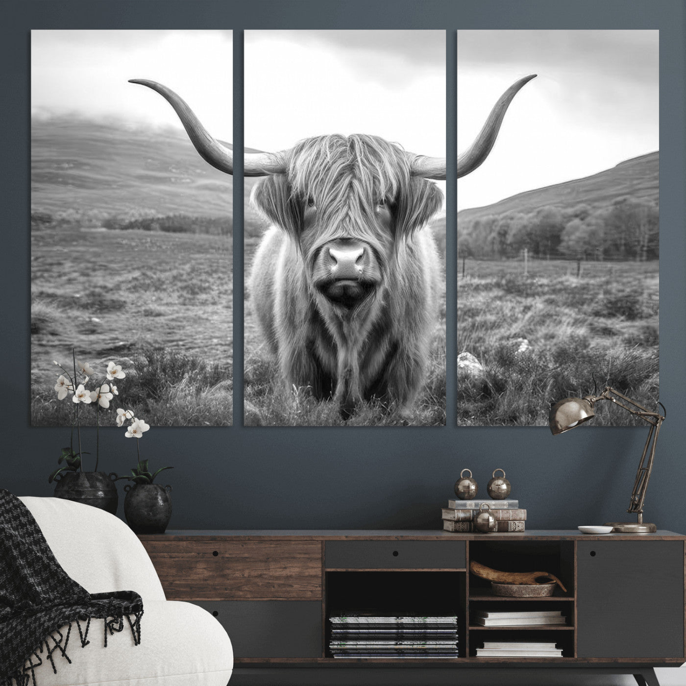 52903-MGV-CV-36X24-Highland Cow Wall Art – Black and White Canvas Print Rustic Cattle Portrait, Farmhouse Country Decor for Living Room, Office,