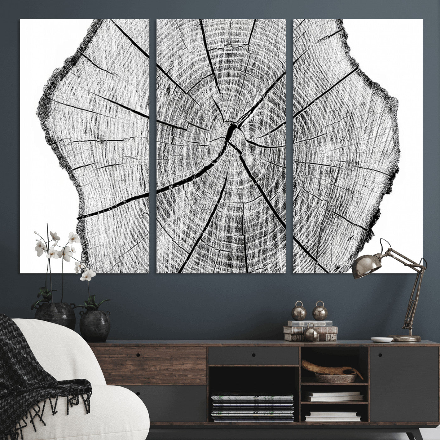 98709-MGV-CV-36X24-Tree Ring Wall Art – Black and White Canvas Print Rustic Wood Cross Section, Minimal Nature Inspired Decor for Living Room,