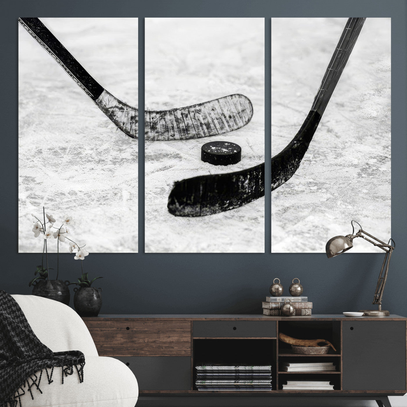 82900-MGV-CV-36X24-Hockey Wall Art – Black and White Canvas Print Ice Rink Sticks Puck Sports Photography, Modern Decor for Game Room, Man Cave,