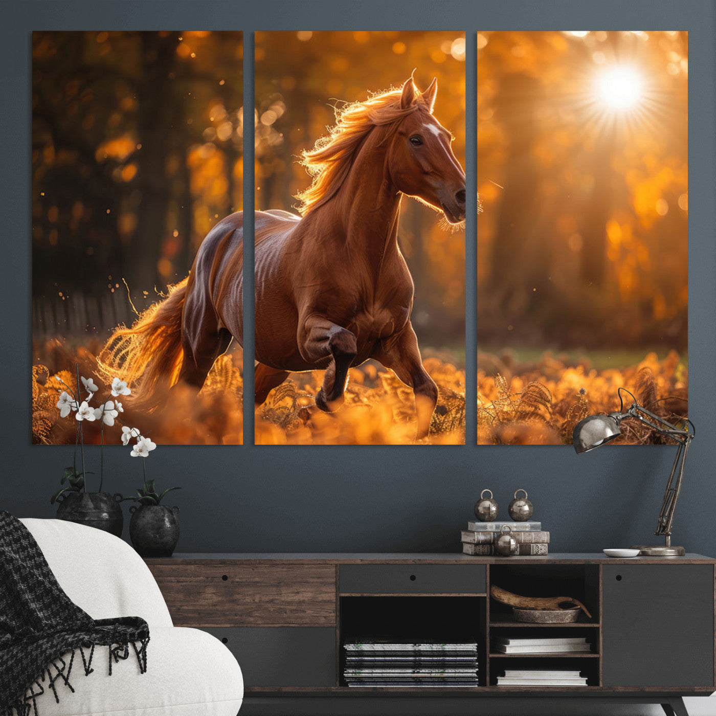 92144-MGV-CV-36X24-Sunset Horse Wall Art Canvas Print, Framed Horse Barn Art Picture Print, Majestic Horse Perfect Rustic Farmhouse Decor Artwork