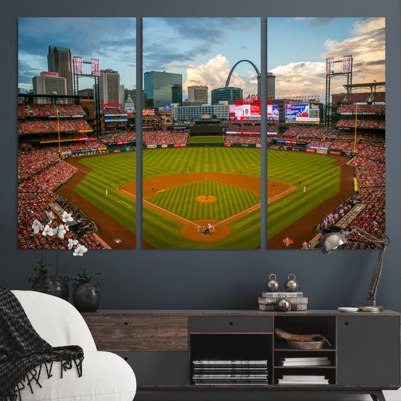 91908-MGV-CV-36X24-Baseball Stadium Wall Art – Canvas Print Game Day Field City Skyline Iconic Arch Scene Sports Photography, Decor for Game Room,
