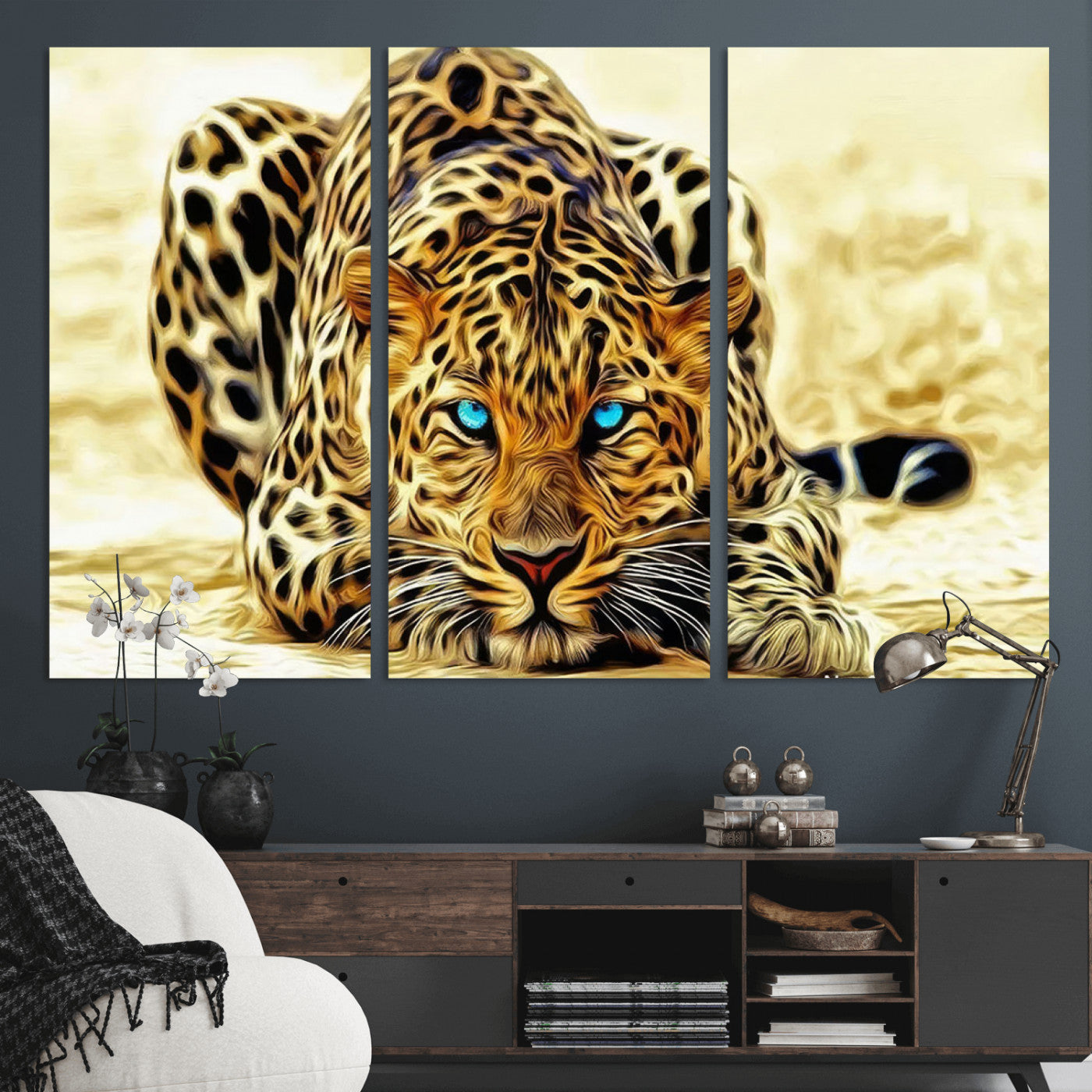 45281-MGV-CV-36X24-Blue Eye Leopard Wall Art Canvas Print, Framed Leopard Painting Art Picture Print, Big Cat Perfect Safari Wildlife Decor Artwork