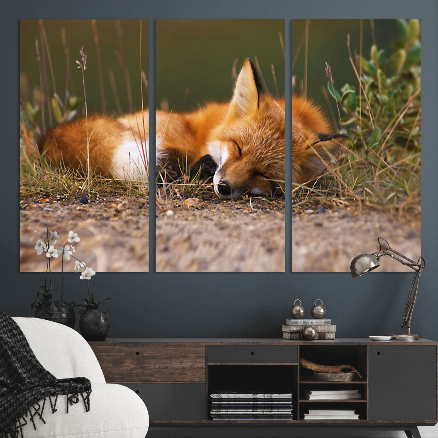 25085-MGV-CV-36X24-Sleeping Fox Wall Art Canvas Print, Framed Rustic Fox Art Picture Print, Wildlife Animal Perfect Rustic Farmhouse Decor Artwork