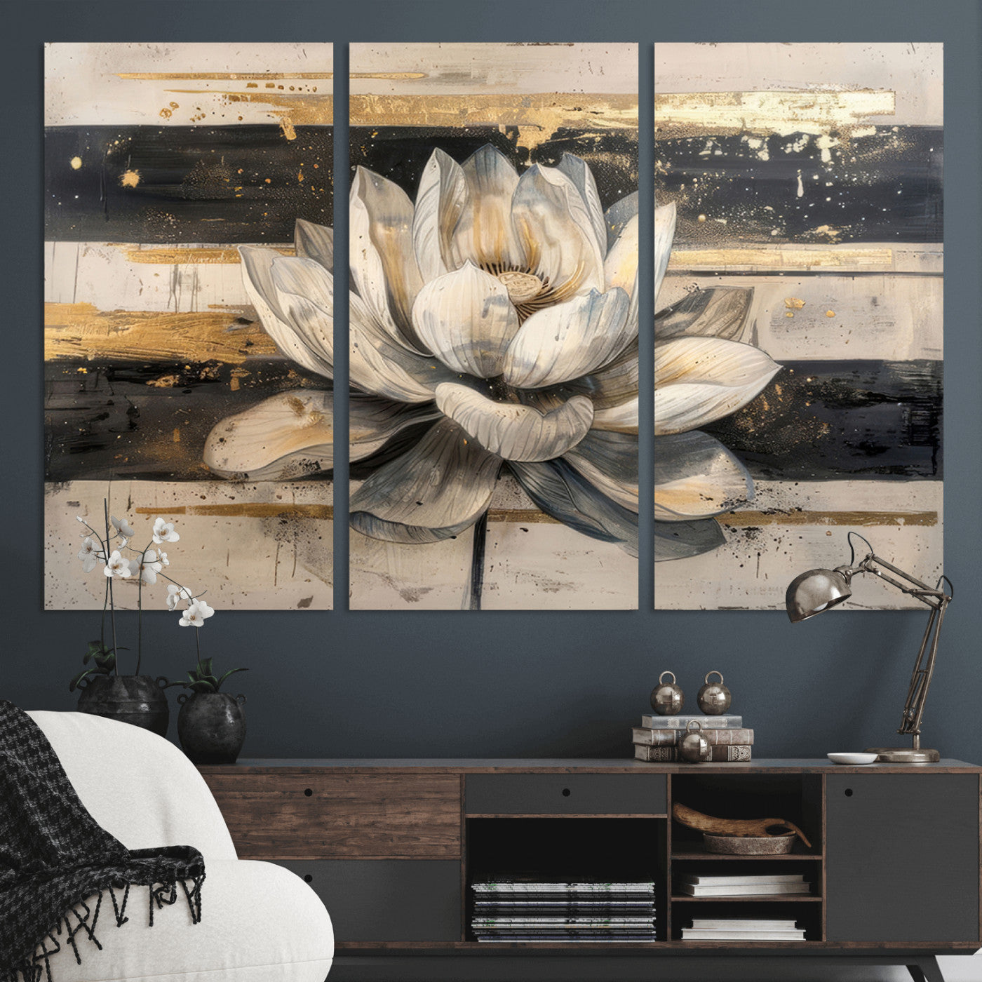 18807-MGV-CV-36X24-Lotus Flower Wall Art Canvas Print, Framed Abstract Lotus Art Picture Print, White Lotus Flower Perfect Abstract Floral Decor