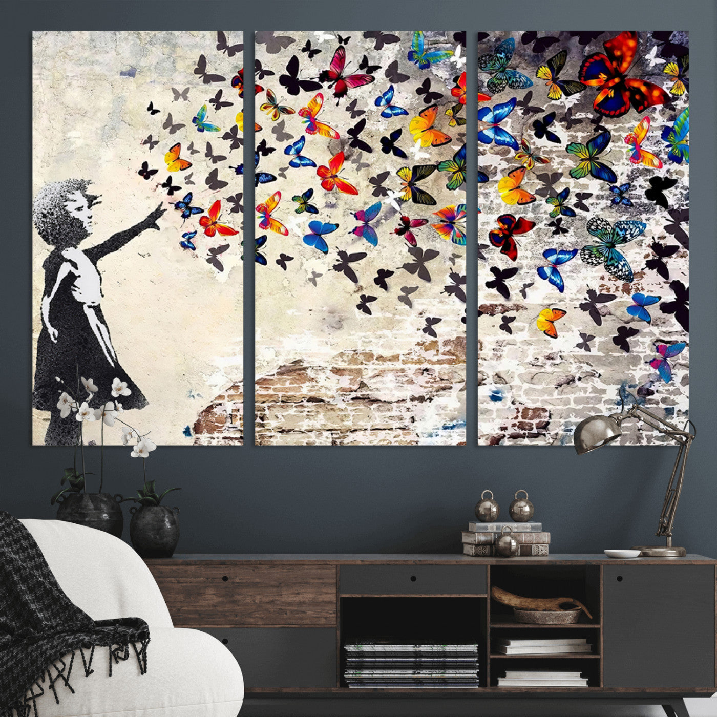 97895-MGV-CV-36X24-Girl with Butterflies Wall Art – Colorful Street Art Style Canvas Print, Modern Graffiti-Inspired Butterfly Artwork for Living