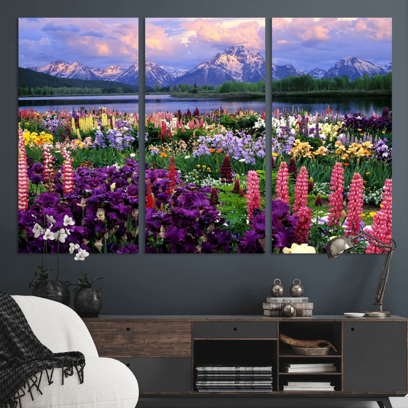 82270-MGV-CV-36X24-Colorful Wildflower Meadow Landscape Wall Art – Snow-Capped Mountain Lake Sunset Print, Vibrant Nature Artwork for Living Room,
