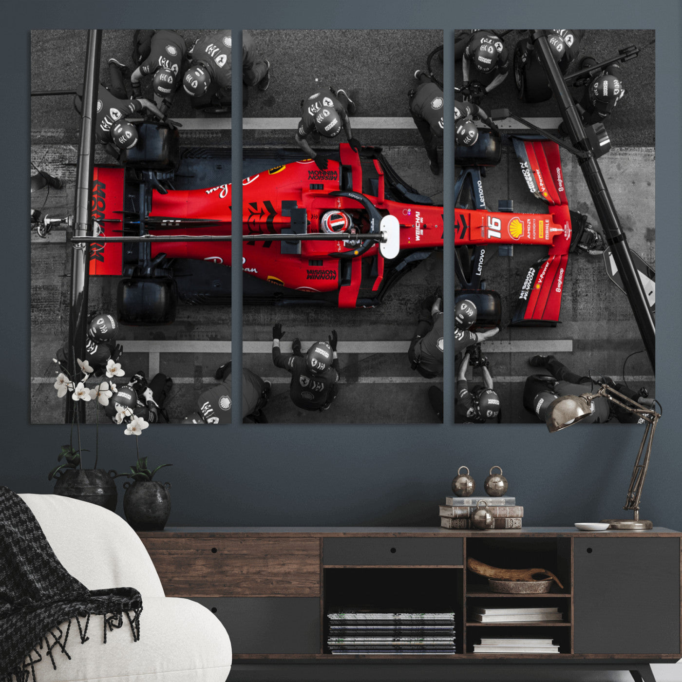 99356-MGV-CV-36X24-Ferrari Pit Stop Wall Art – Formula 1 Racing Car Canvas Print, Red Speed Machine Motorsport Decor for Office, Garage, Man Cave or