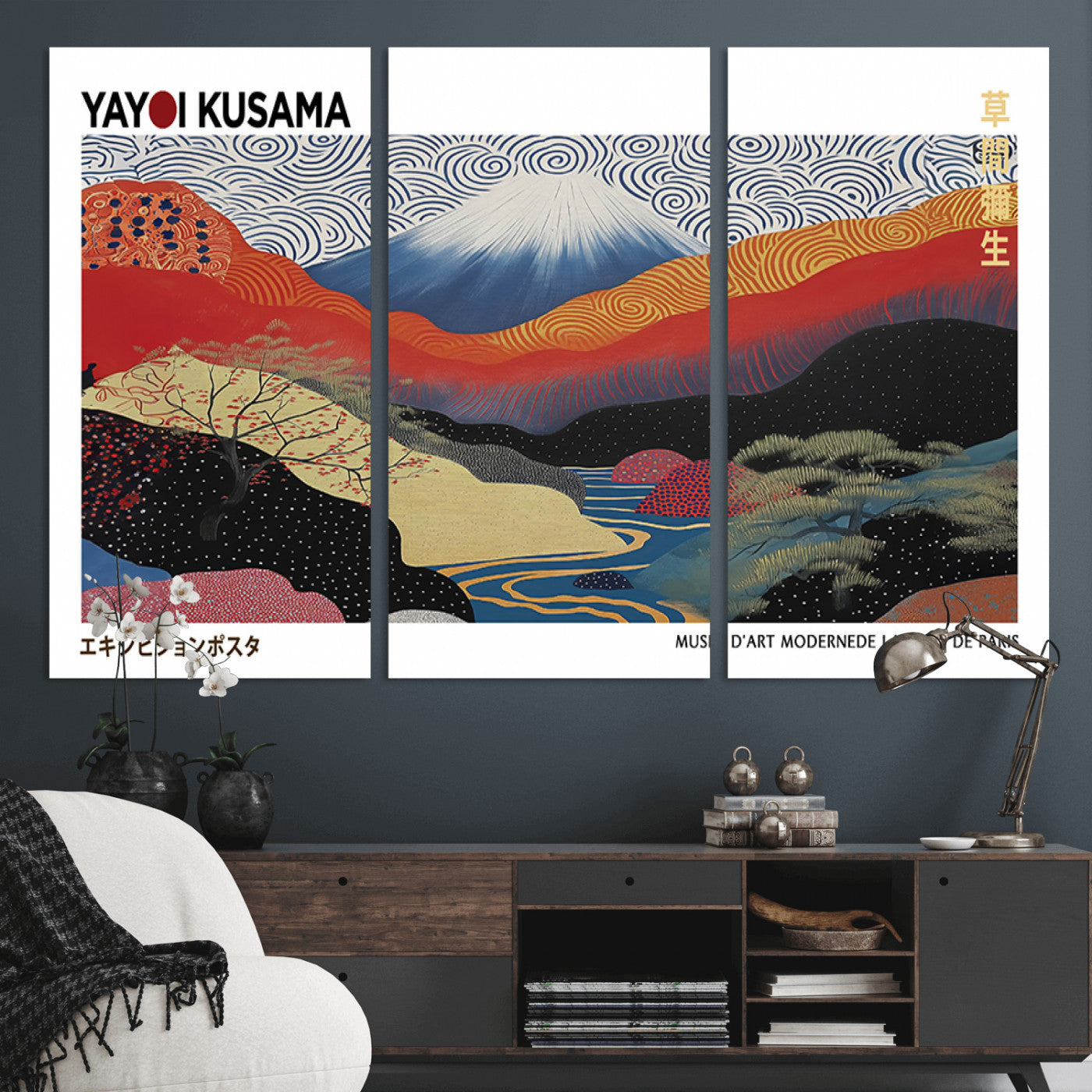 14839-MGV-CV-36X24-Yayoi Kusama Wall Art – Panoramic Mountain & River Canvas Print, Modern Abstract Japanese Landscape Decor for Living Room or