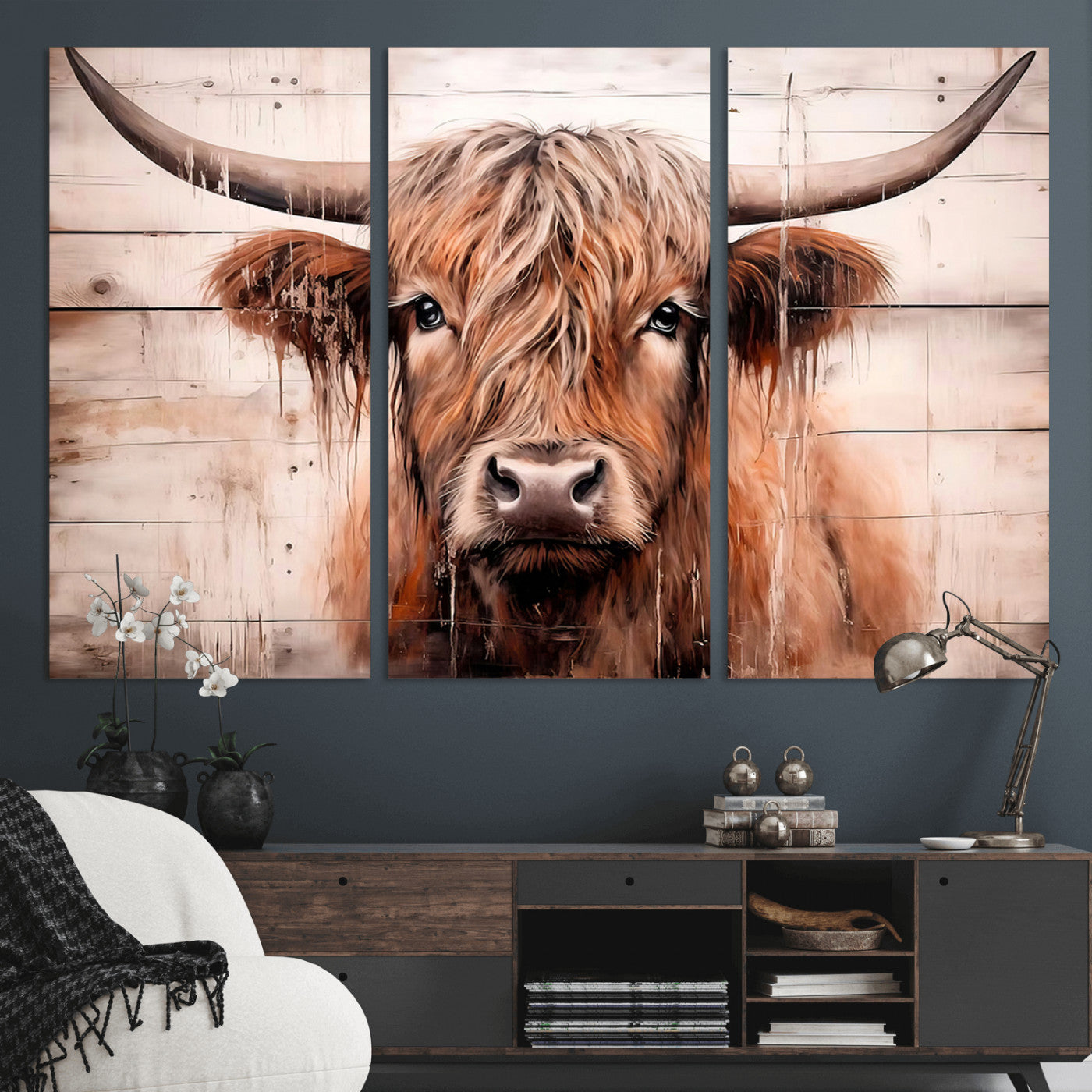 93730-MGV-CV-48X32-3P-Scottish Cow Wall Art Canvas Print, Framed Longhorn Cow Art Picture Print, Highland Cattle Perfect Rustic Farmhouse Decor Artwork