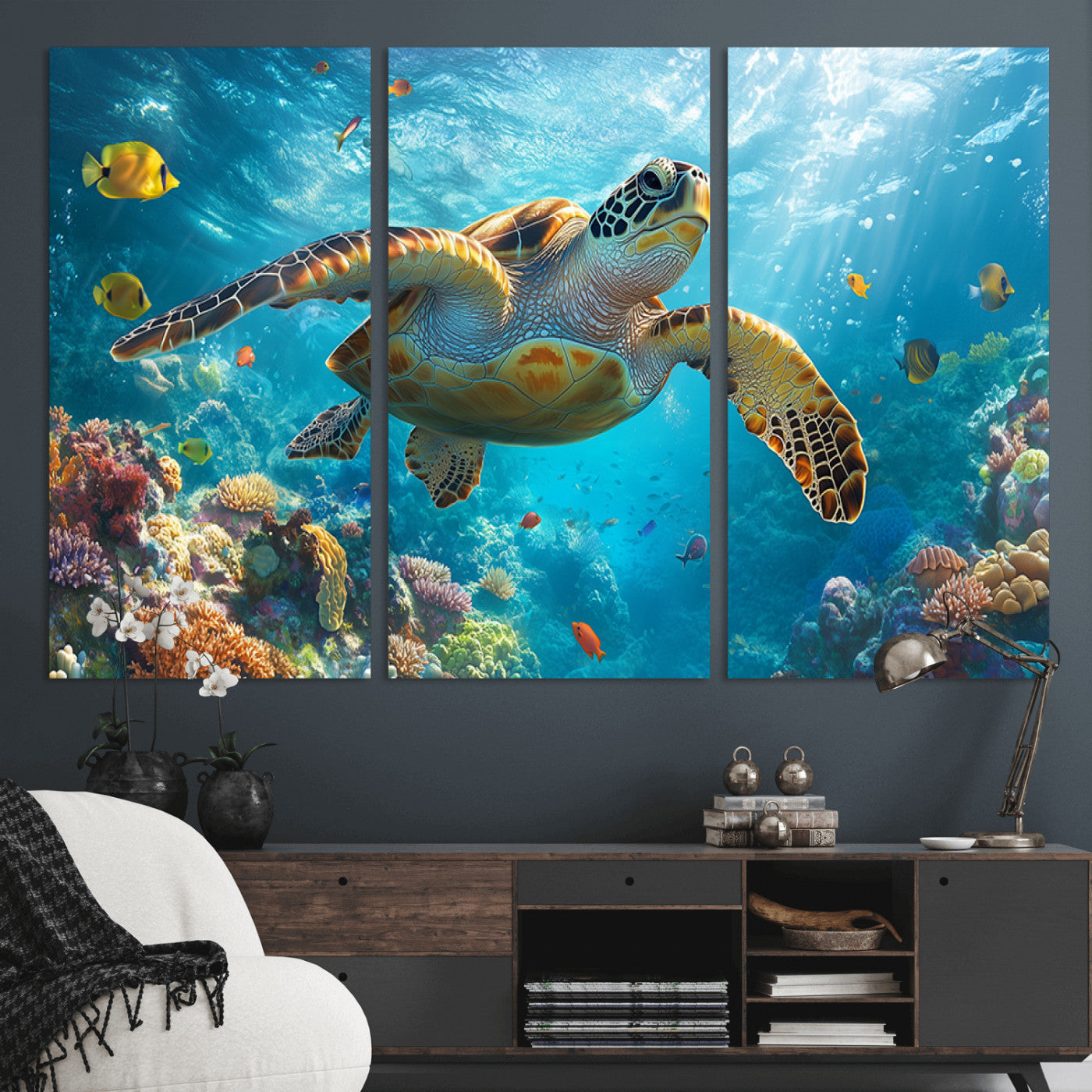 37623-MGV-CV-36X24-Sea Turtle Wall Art – Underwater Ocean Canvas Print with Coral Reef and Tropical Fish, Marine Life Painting Poster for Living