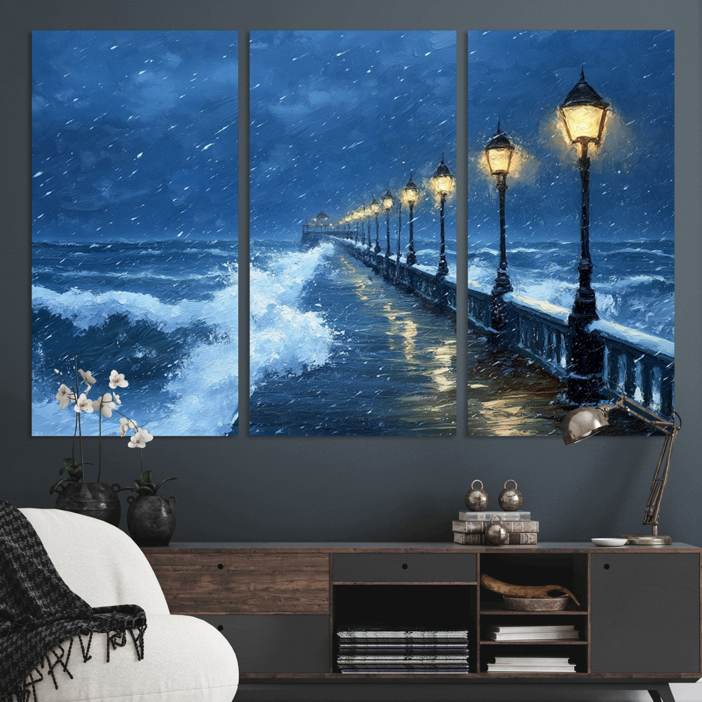 32668-MGV-CV-36X24-Stormy Pier Wall Art – Ocean Waves and Street Lamps Canvas Print, Rainy Night Seascape Oil Painting Poster for Living Room,