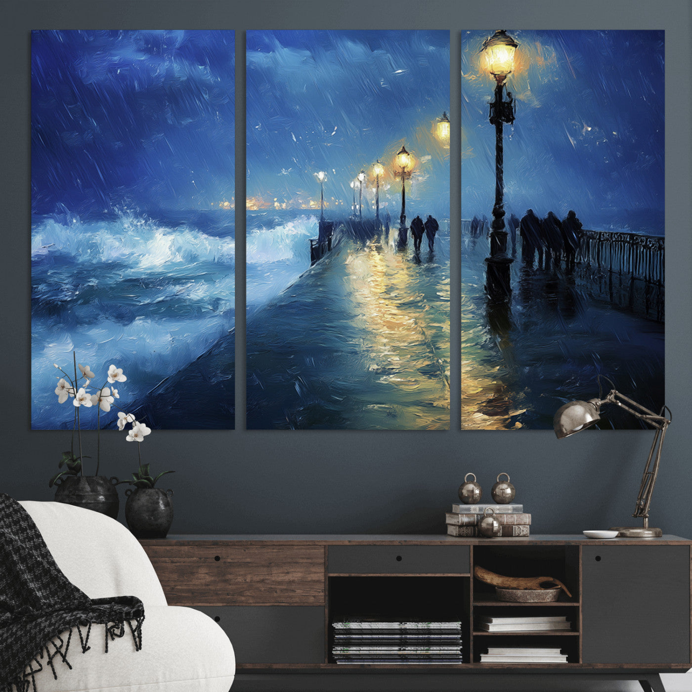 76572-MGV-CV-36X24-Stormy Night Pier Wall Art – Ocean Waves and Street Lamps Canvas Print, Rainy Seascape Oil Painting Poster for Living Room,