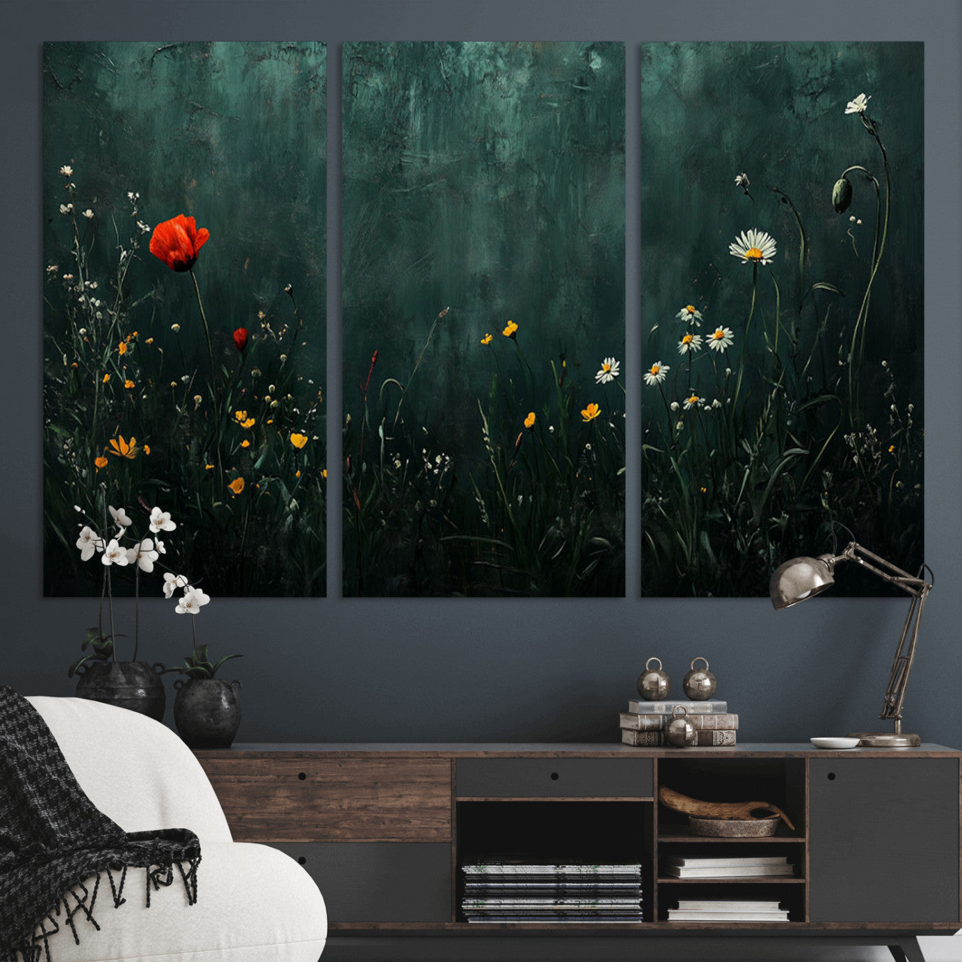 26218-MGV-CV-36X24-Wildflower Wall Art – Dark Botanical Floral Canvas Print, Modern Nature Painting Poster with Daisy Poppy Yellow Flowers for Living